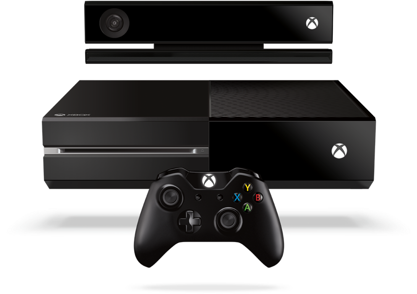 Xbox One 主機與控制器組合 壁紙 — 一部時尚的黑色 Xbox One 主機、手掣及 Kinect 感應器，展示在潔白背景上。