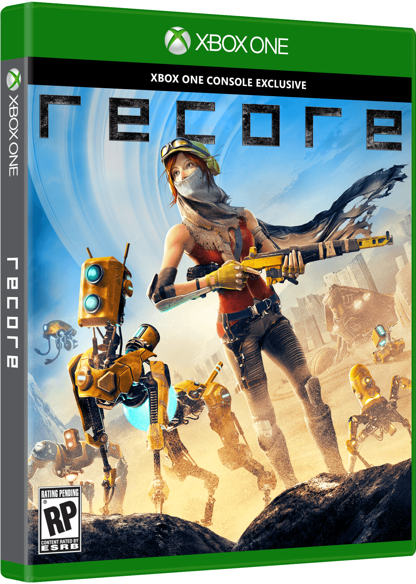 Xbox One 遊戲《ReCore》封面 壁紙 — 一位戴著圍巾和護目鏡的女戰士，在晴朗的天空下，與黃色機械人一起在岩石地形上揮舞武器。