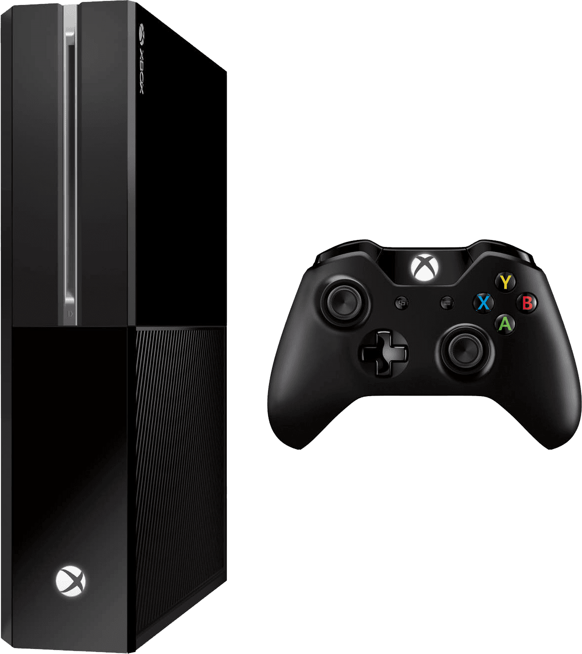 Xbox One 主機與控制器 壁紙 — 黑色Xbox One主機和控制器，背景為純綠色。