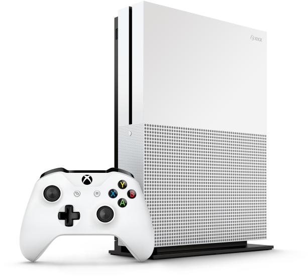 Xbox One S 主機與控制器 壁紙 — 一部純白色的 Xbox One S 主機連同相配的控制器，矗立在純黑背景前。
