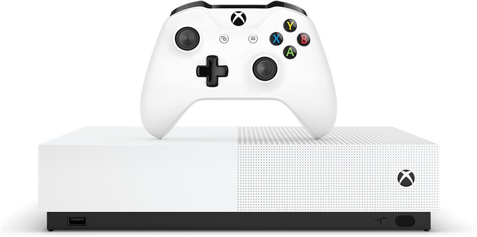 Xbox One S 主機與控制器 壁紙 — 一部純白色的 Xbox 主機連同相配的控制器，在純黑背景襯托下格外突出。