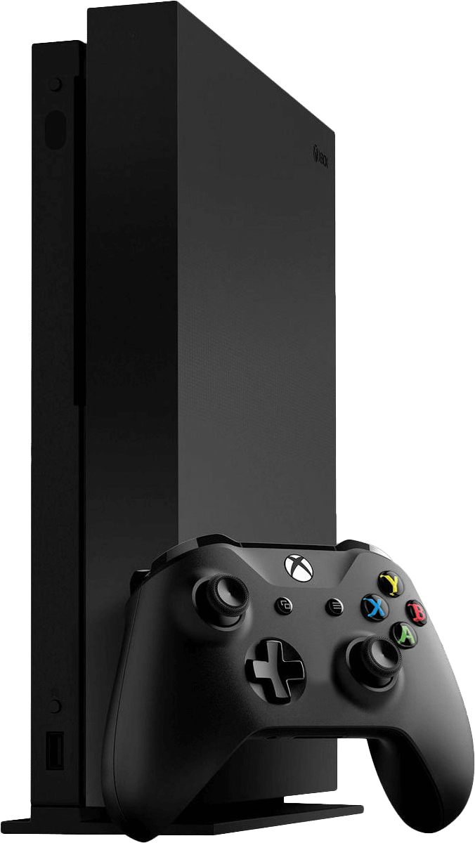 Xbox One X 主機與控制器 壁紙 — 一部時尚的黑色 Xbox 主機直立擺放，其對應的手掣放在前方，背景為純綠色。