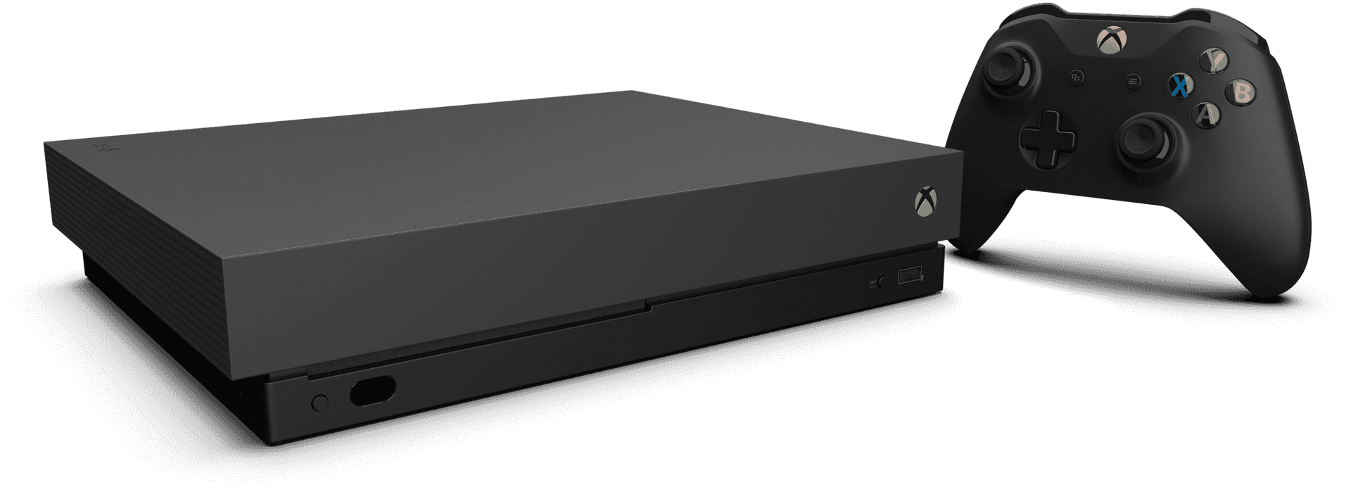 Xbox One X 主機與控制器 壁紙 — 一部時尚的黑色 Xbox 主機和控制器，在純黑色背景上以乾淨的攝影棚燈光隔離。