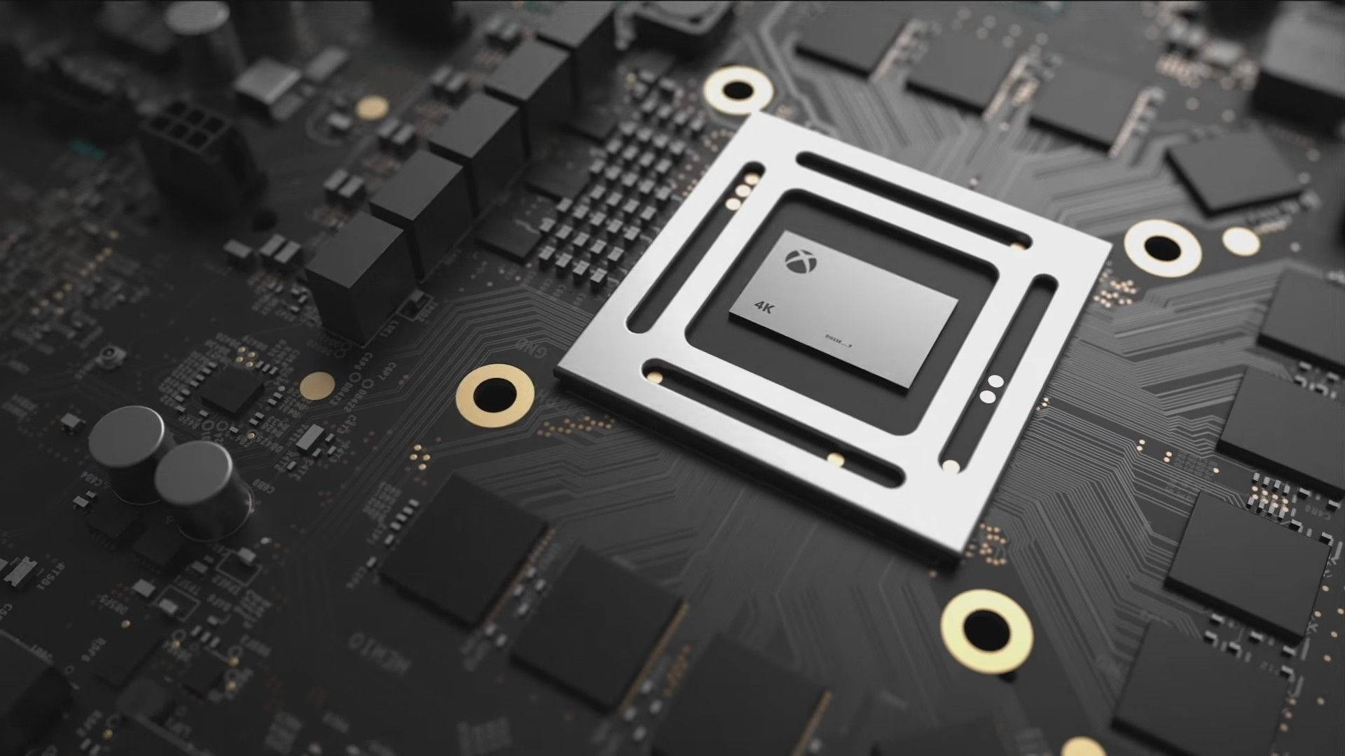 特寫鏡頭：電路板上的 Xbox 4K 遊戲處理器。