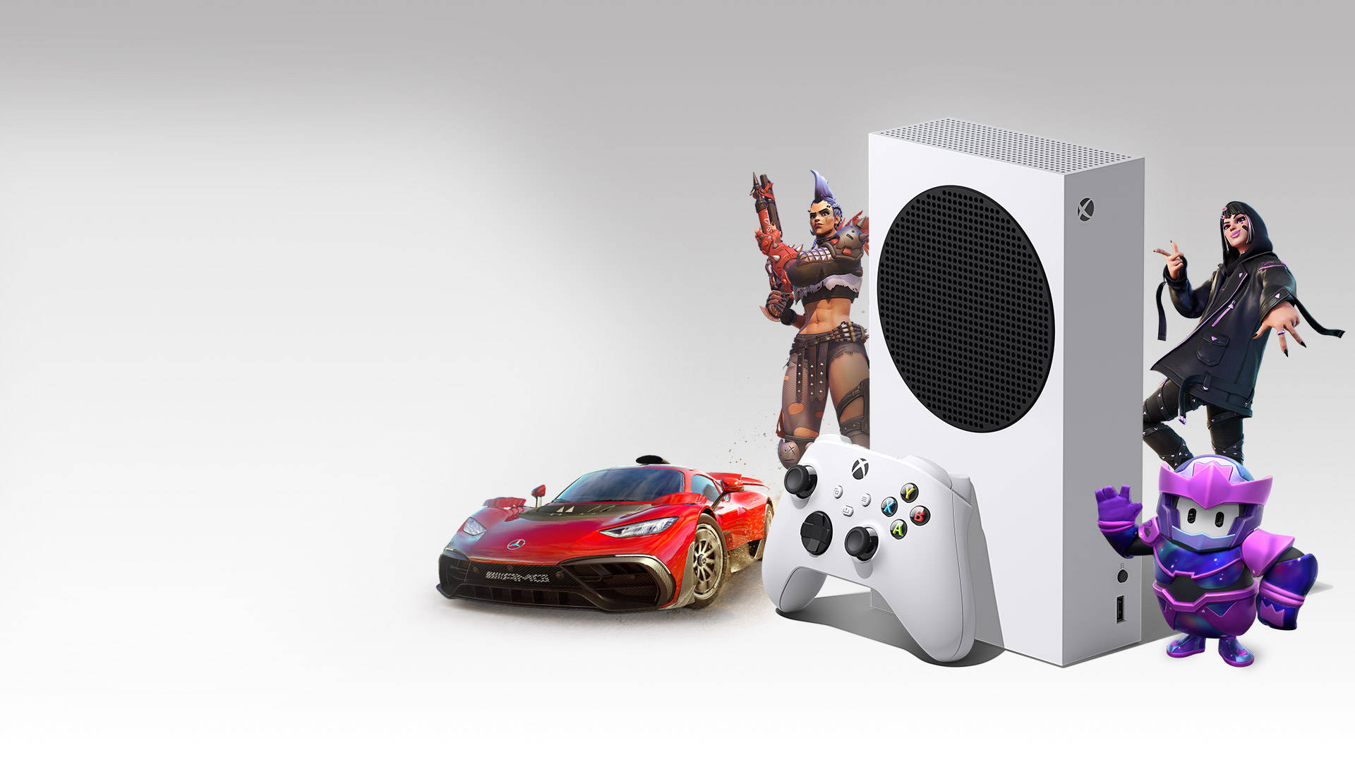 白色Xbox主機、手掣、遊戲角色，旁邊有一輛紅色跑車。