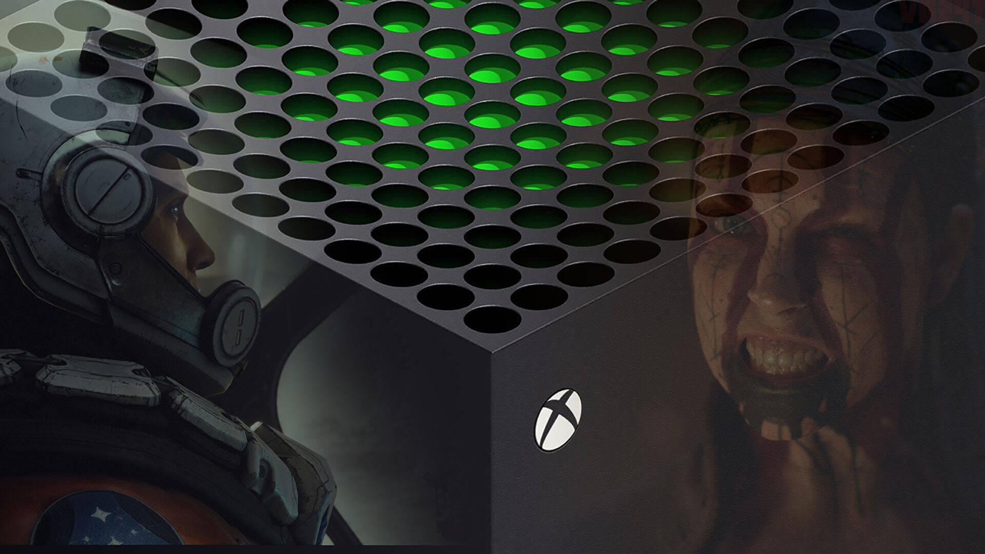 Xbox主機帶綠色燈光，兩側有士兵和恐怖角色。