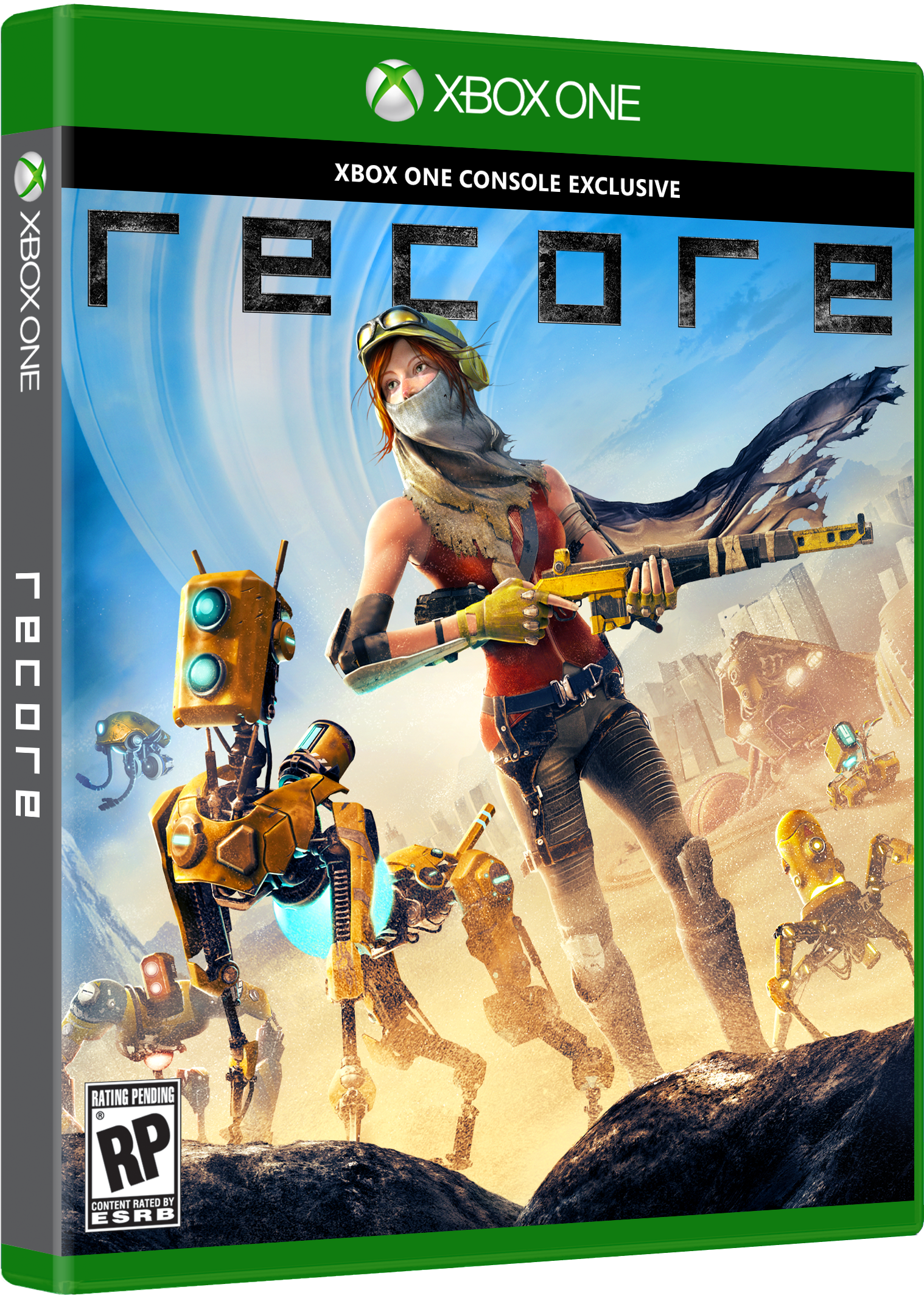 Xbox One 遊戲《ReCore》封面 壁紙 — 一位戴著圍巾和護目鏡的女戰士，在晴朗的天空下，與黃色機械人一起在岩石地形上揮舞武器。