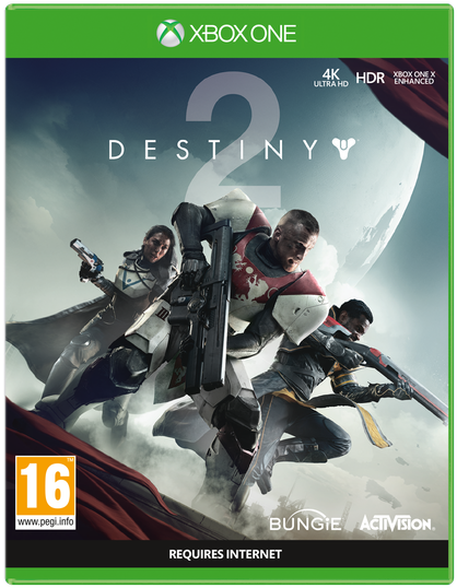 Xbox One《Destiny 2》遊戲封面 壁紙 — 三名身穿裝甲的太空戰士在風暴般的外星天空下動態跳躍，背後懸掛著巨大的月亮。