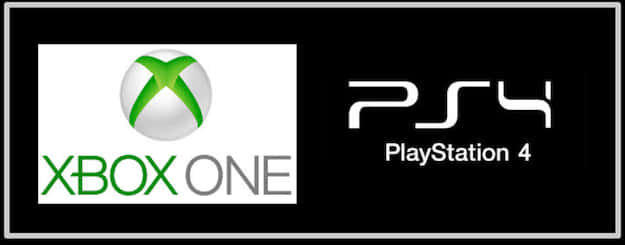 Xbox One與PS4標誌 壁紙 — Xbox One 和 PlayStation 4 的標誌並排顯示在對比鮮明的白色和黑色背景上。