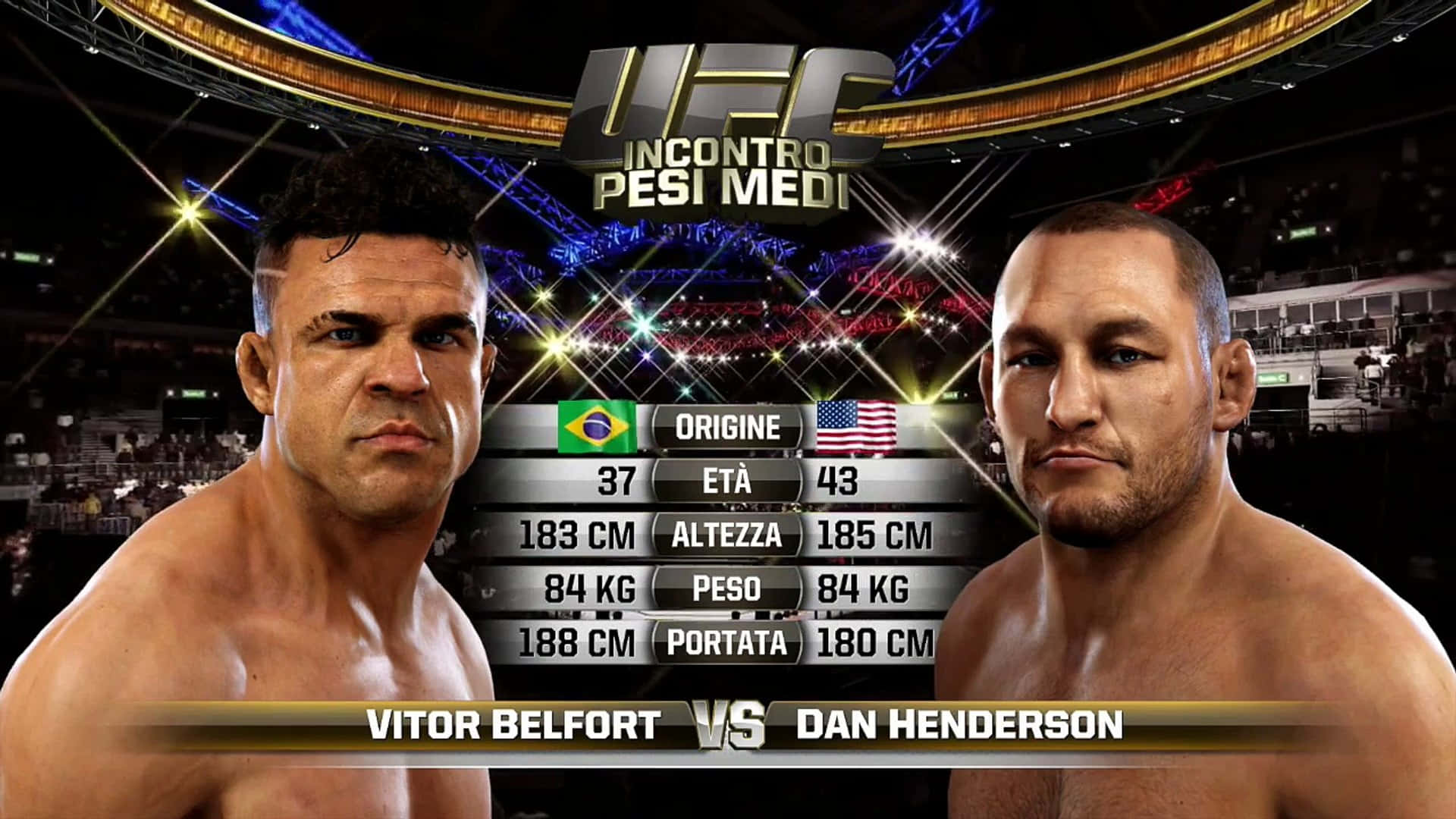 Xbox One遊戲《UFC Fight Night》維托·貝爾福特對決丹·亨德森 壁紙 — 兩名UFC拳手在燈光明亮的八角籠中對峙，中間顯示統計數據。