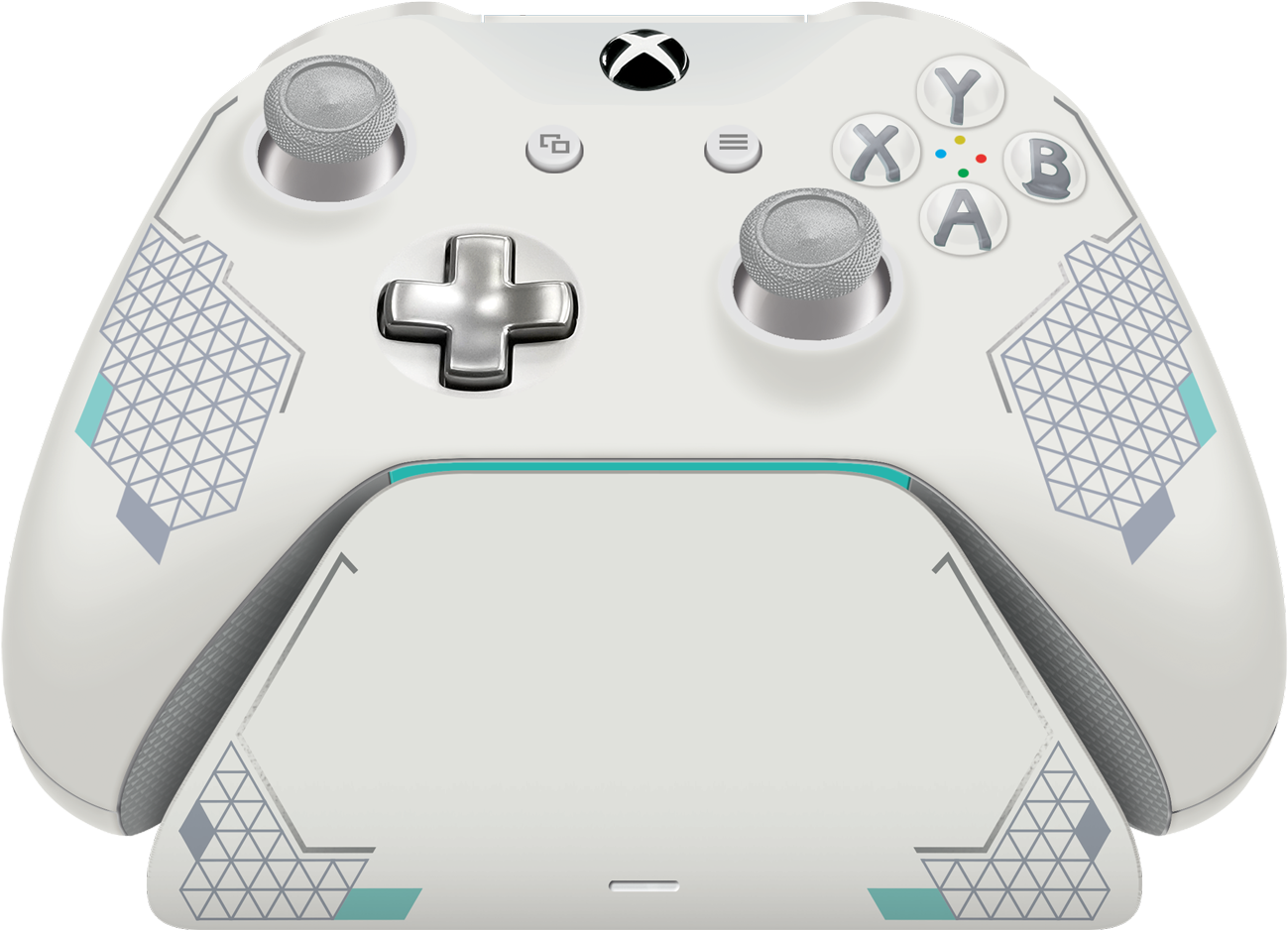 Xbox Series X 控制器頂視圖 壁紙 — 一個白色Xbox手掣，帶有幾何藍綠色和灰色點綴，置於簡潔的黑色背景上。