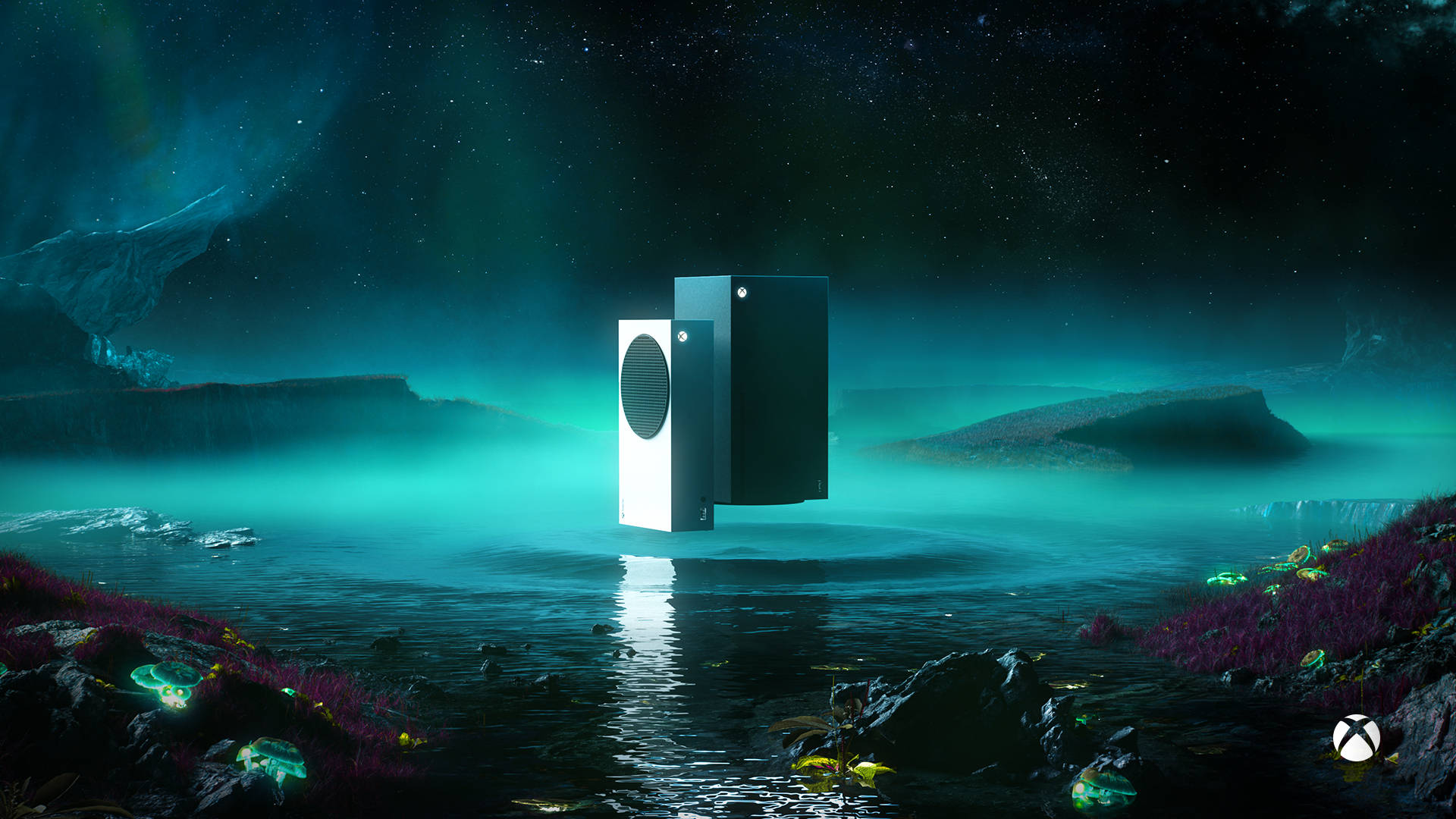 Xbox Series X 主機懸浮海面 壁紙 — 一部漂浮的Xbox主機懸浮在發光的外星水域上方，星空下帶有極光的青綠色天空。