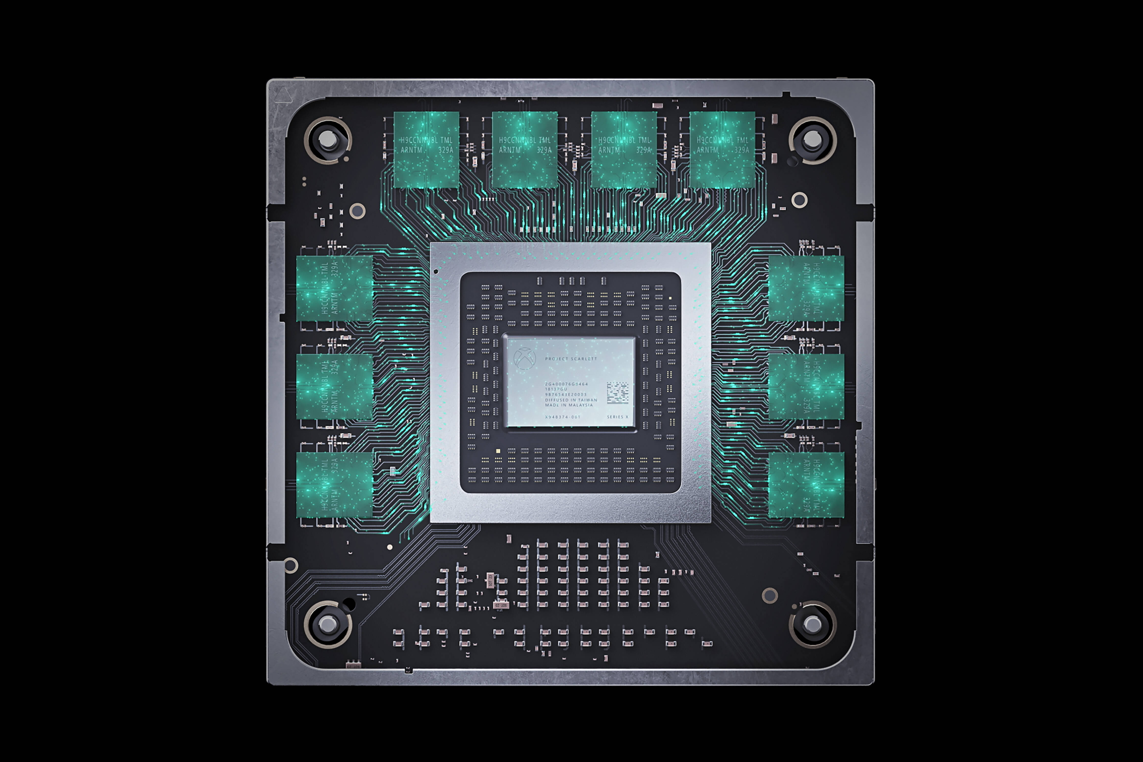 Xbox Series X 主機晶片組 壁紙 — 從上方俯瞰一張高科技顯示卡，帶有發光綠色電路和中央處理器，背景為黑色。