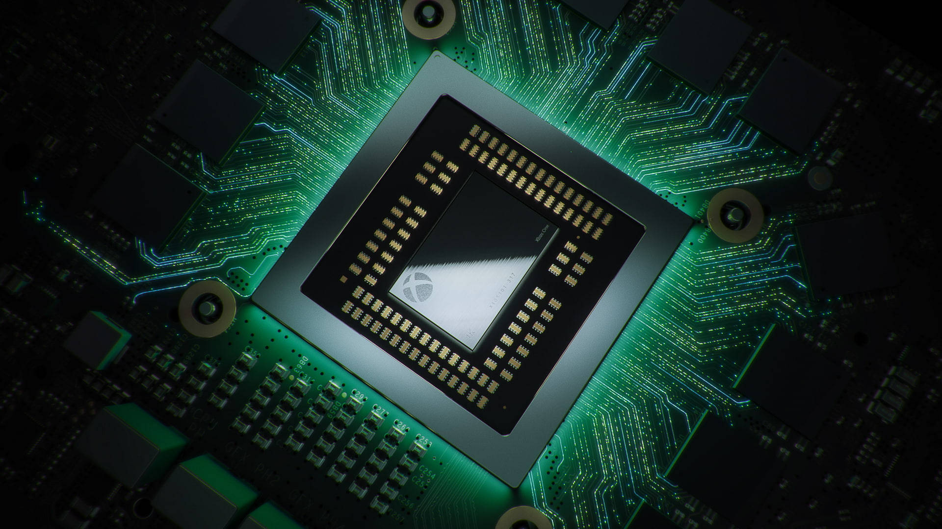 Xbox Series X 主機主板 壁紙 — 發光綠色電路板的特寫，中央處理器晶片被霓虹燈照亮。