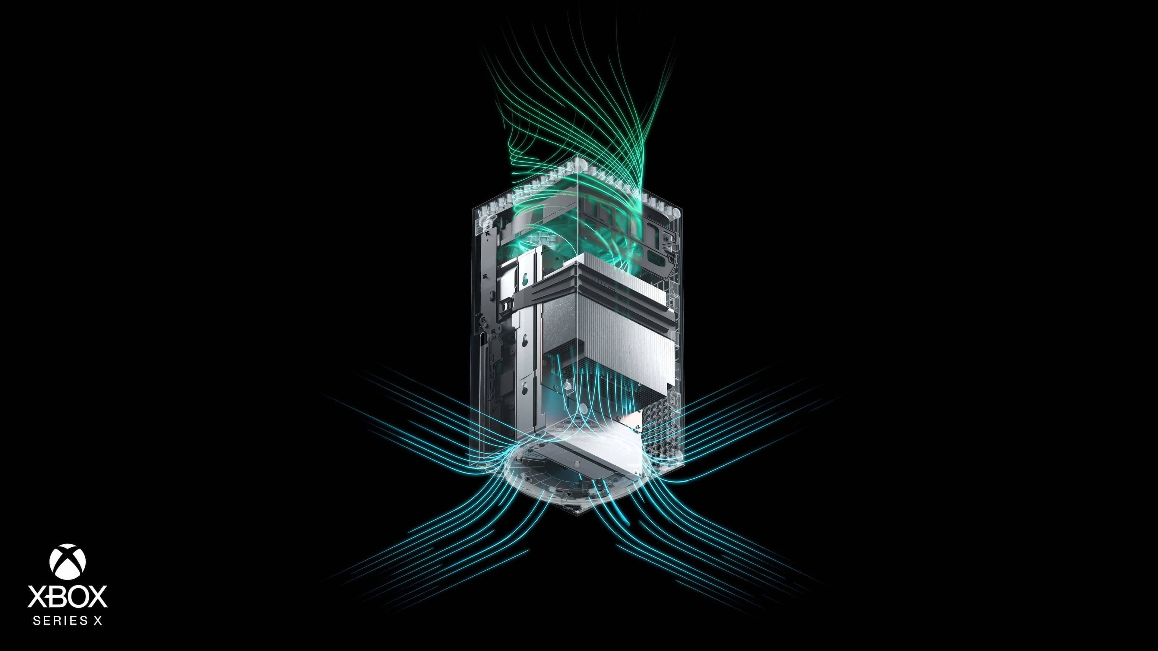 Xbox Series X 內部結構 壁紙 — Xbox Series X 主機的剖面圖，在黑色背景上散發著青綠色的能量流。
