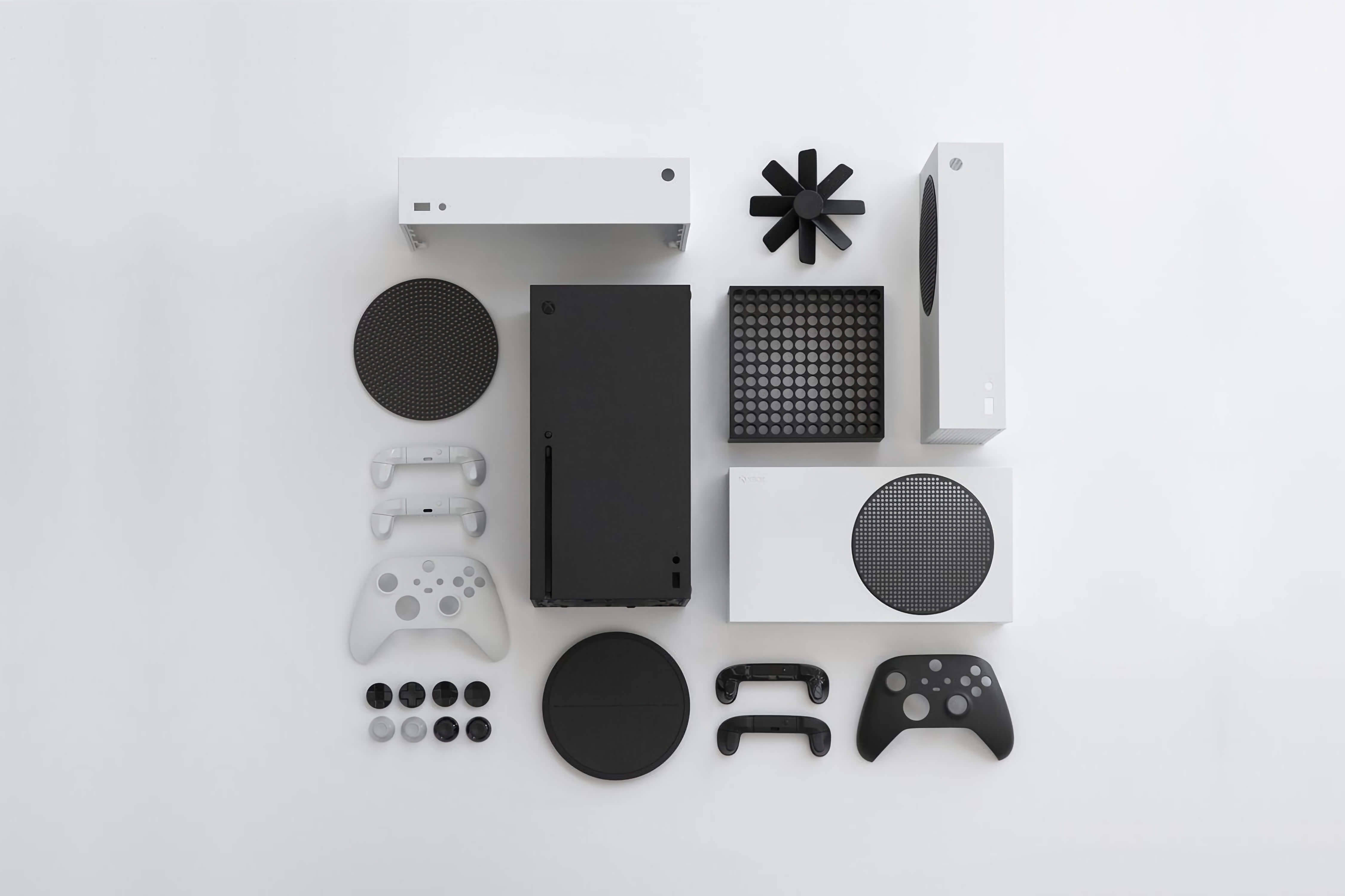 Xbox Series X 平鋪佈置 壁紙 — Xbox 主機組件整齊排列在白色表面上的極簡平鋪佈局。