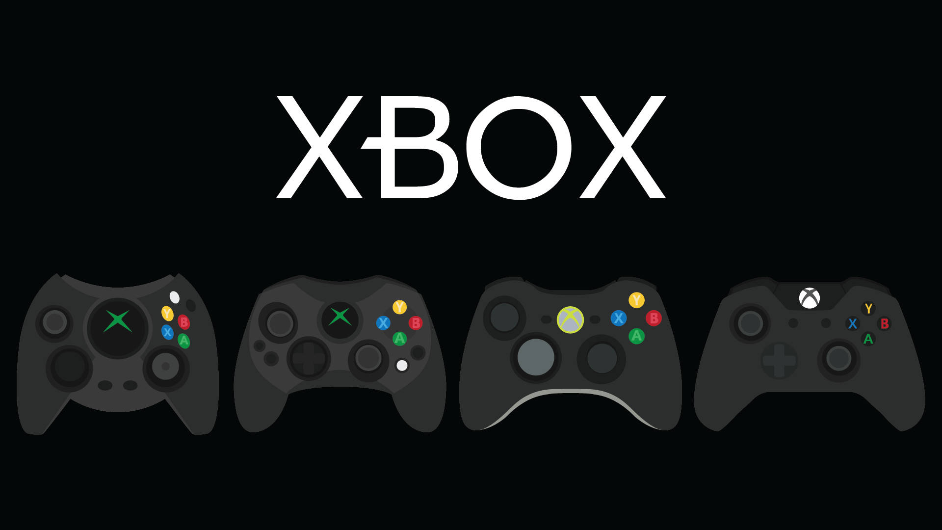 Xbox Series X 控制器向量藝術 壁紙 — 四個Xbox手掣排成一列，背景為黑色，上方有Xbox標誌。