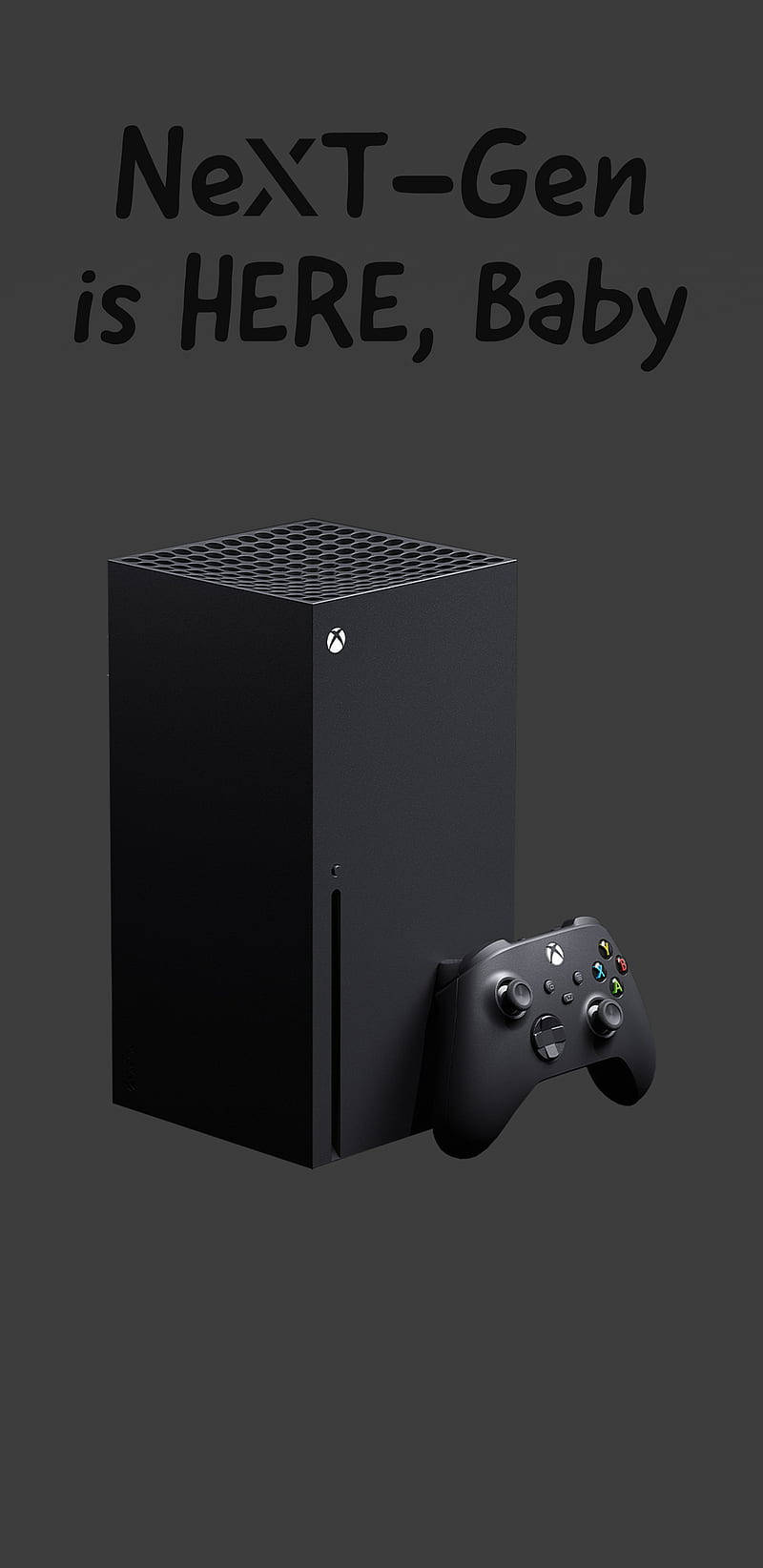 Xbox Series X 次世代迷因 壁紙 — 一部時尚的黑色 Xbox Series X 主機和控制器，在深灰色背景上以粗體文字宣示次世代遊戲。