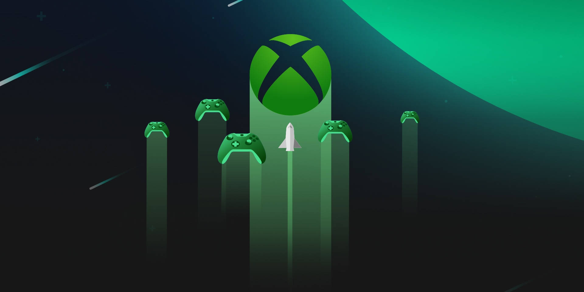 Xbox Series X 矢量標誌 壁紙 — 發光的綠色Xbox標誌和控制器從柱子上升起，背景是宇宙夜空，有綠色行星和流星。
