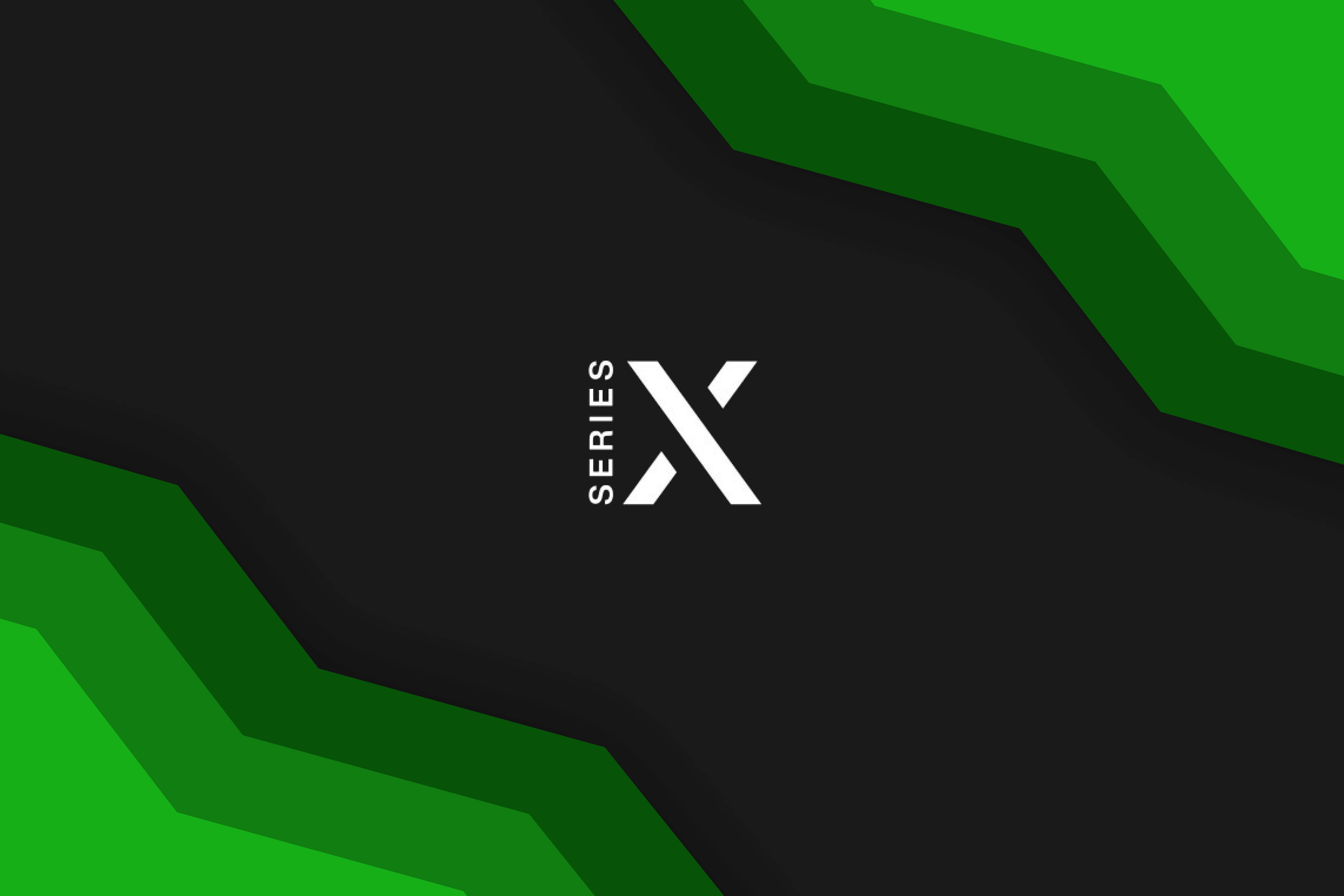 Xbox Series X 綠色幾何藝術 壁紙 — 一個時尚的白色「Series X」標誌，居中在黑色背景上，帶有鮮明的綠色角形幾何形狀。