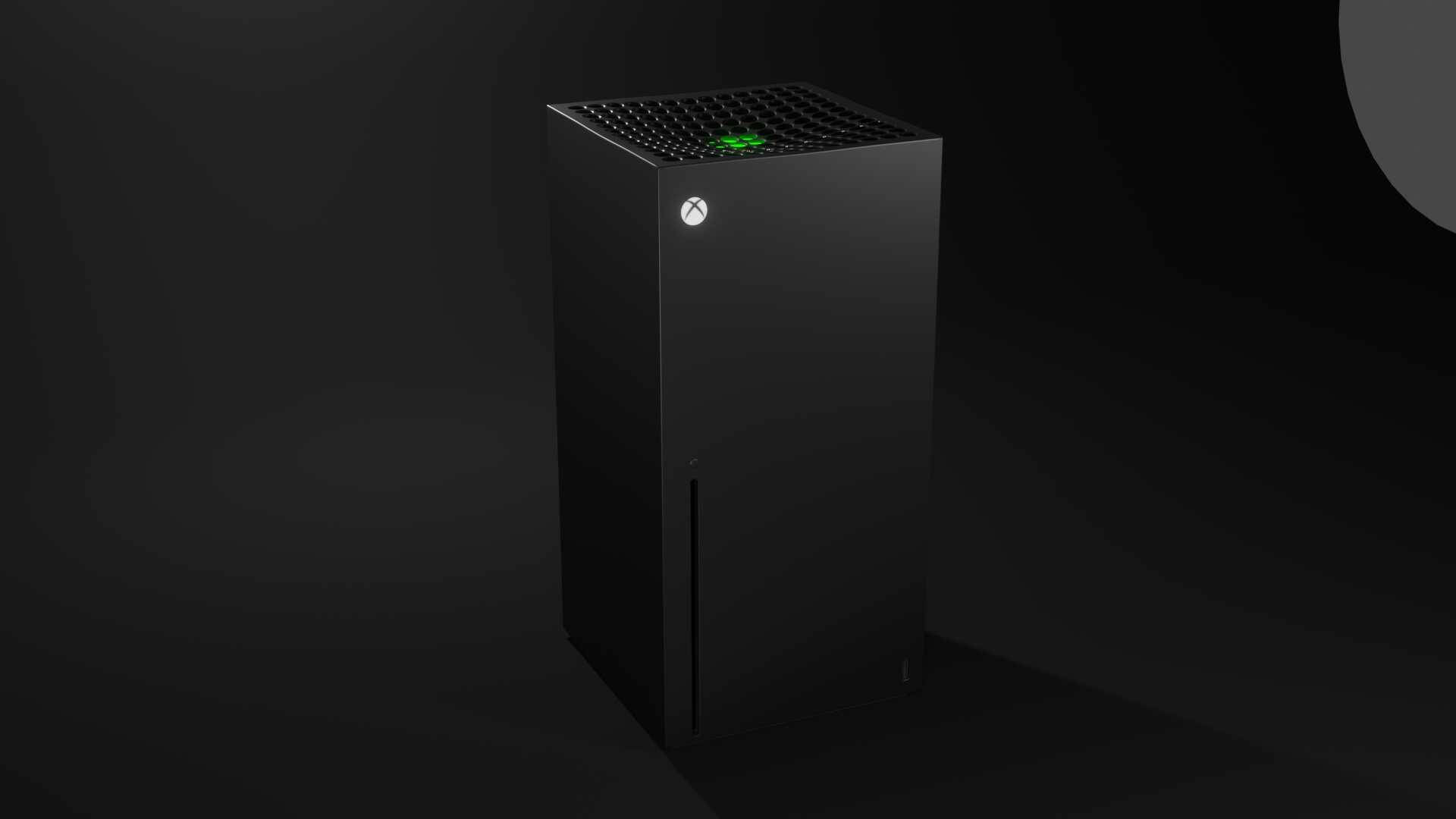 Xbox Series X 黑色方盒 壁紙 — 一部時尚的黑色Xbox Series X主機，在深色漸變背景上被發光的綠色電源燈照亮。