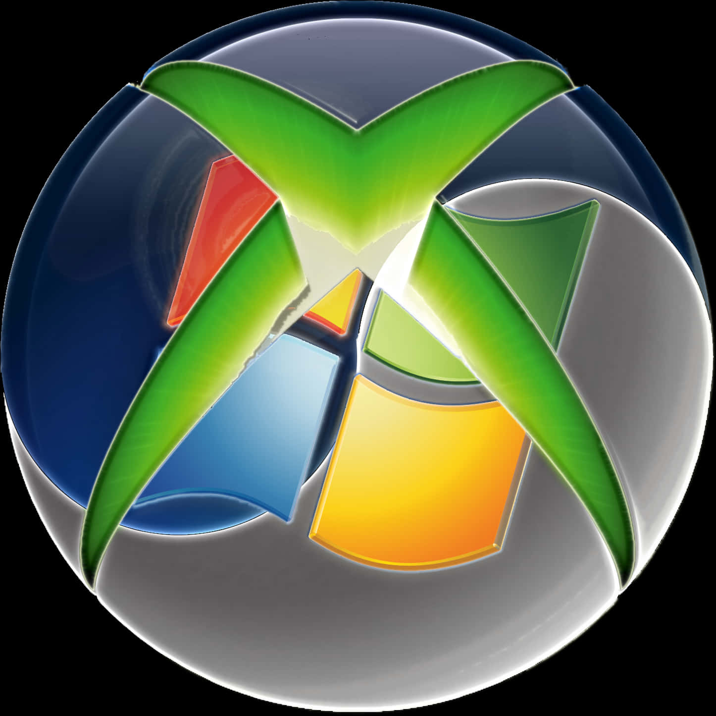 光澤Xbox按鈕標誌 壁紙 — 一個帶有Xbox標誌的光澤球體，在黑色背景上呈現鮮豔的綠色X和彩色面板。