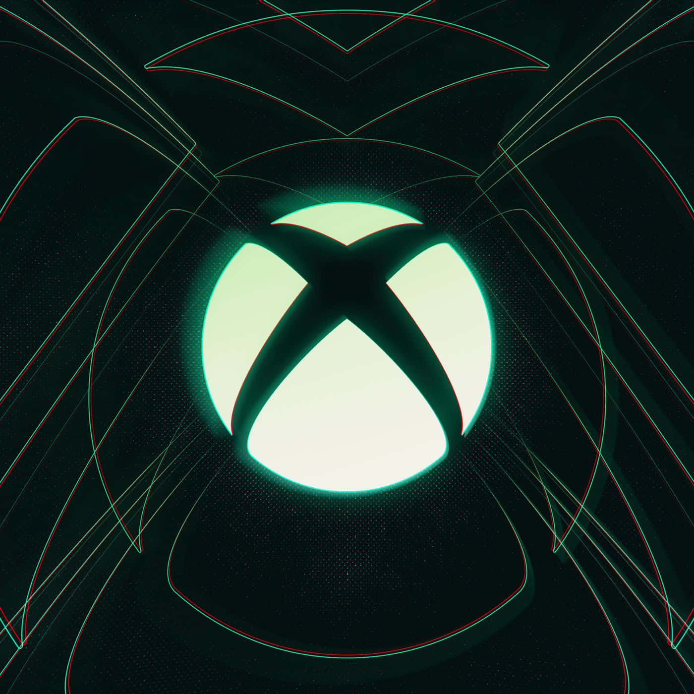 發光的Xbox標誌，帶有霓虹綠光和抽象幾何線條，背景為深色。