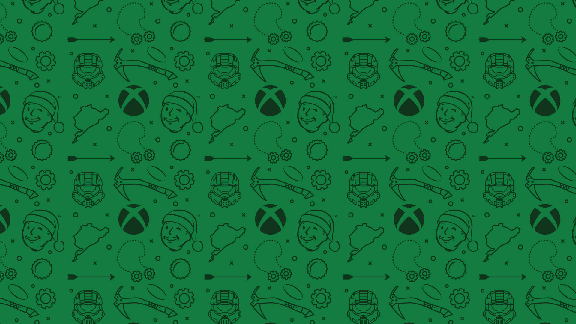 帶有重複Xbox標誌和遊戲圖標的綠色壁紙。