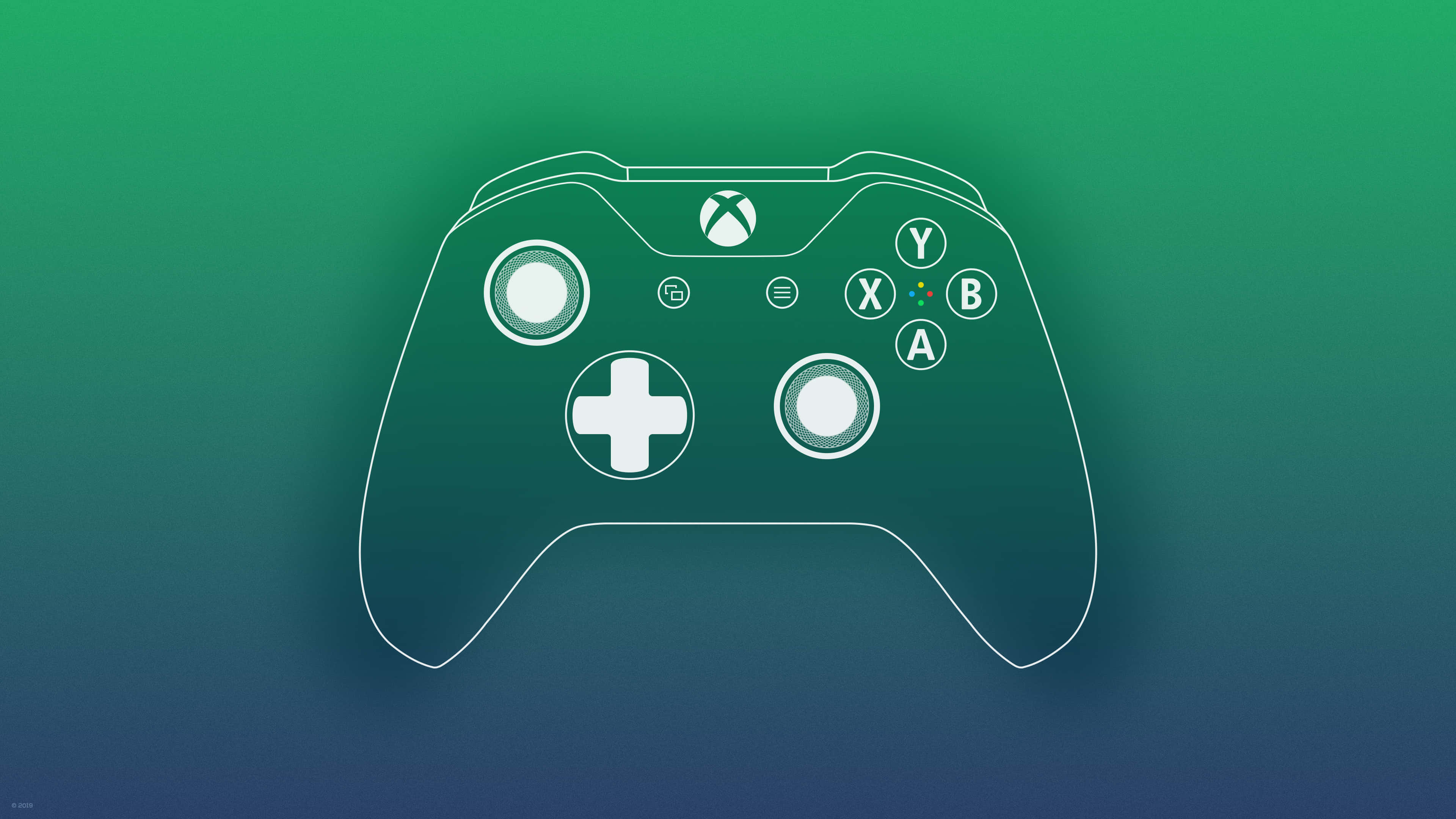 Xbox 遙控器搖桿線條圖 壁紙 — 一個白色輪廓的Xbox手掣漂浮在綠色和藍色的漸變背景上。
