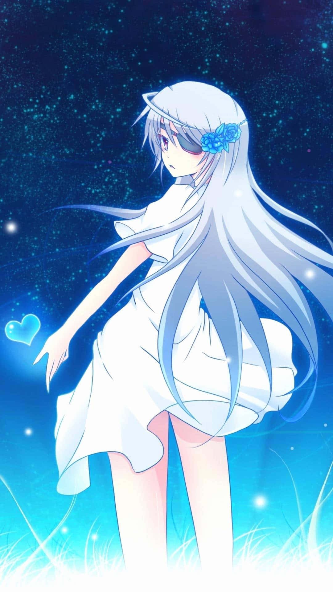 銀髮戴眼罩的動漫少女在星空下伸手觸向一顆發光的心。