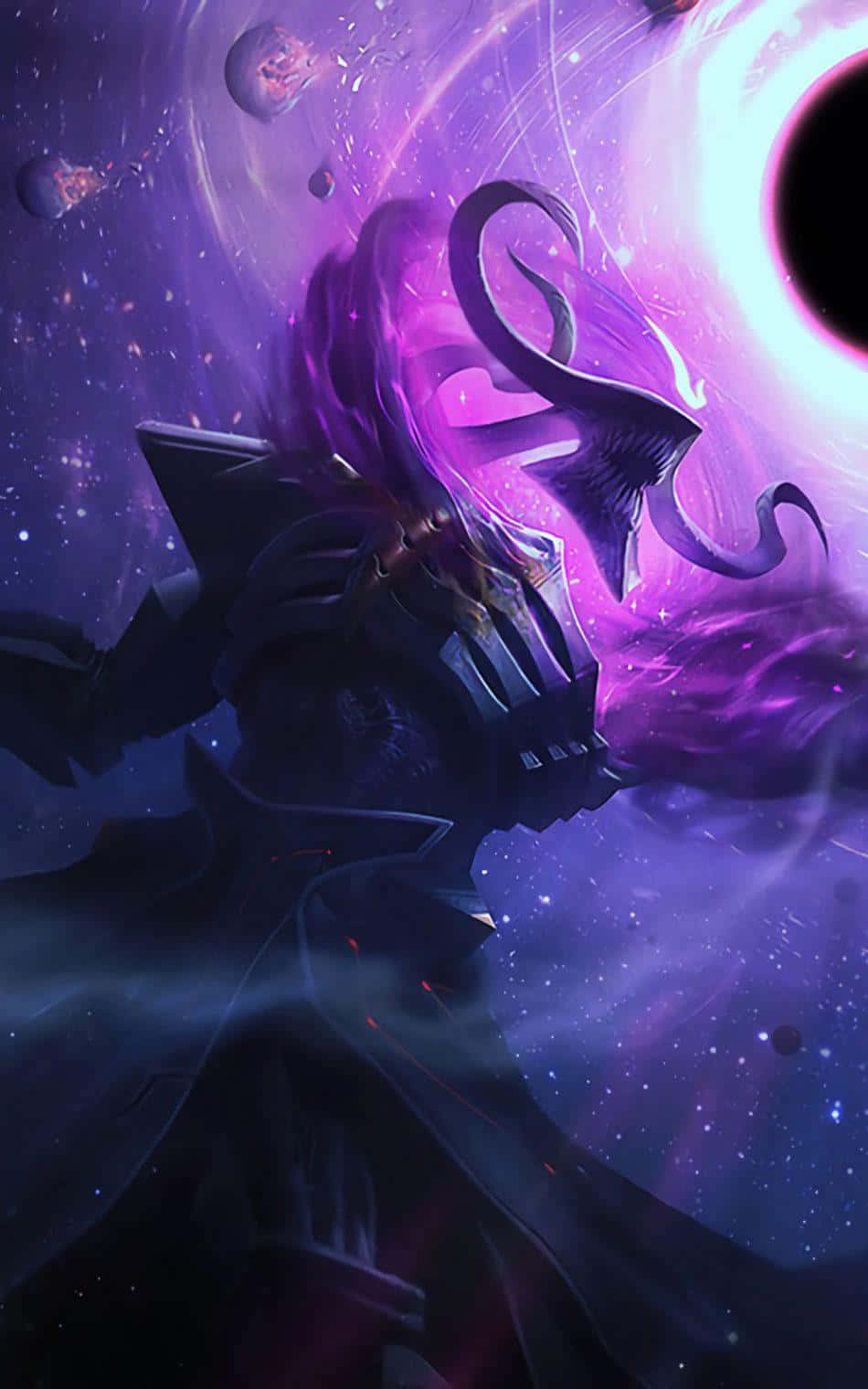 Xerath 黑暗星靈 壁紙 - Pixel 3 遊戲主畫面背景 壁紙 — 一個身穿暗色盔甲、帶有發光紫色觸手的身影，從宇宙漩渦中出現，背景是佈滿星辰的紫色星雲。