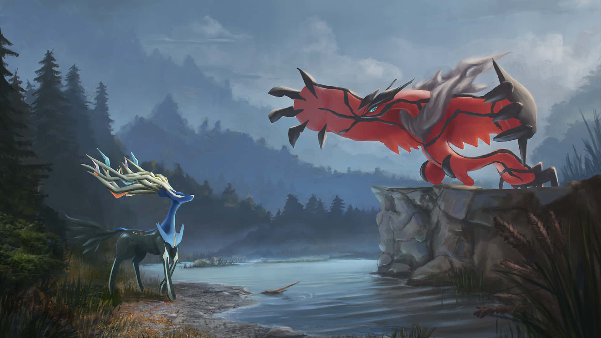 Xerneas 與 Yveltal 戶外對峙 壁紙 — 一隻雄偉的藍色鹿狀寶可夢在霧氣瀰漫的湖邊，於森林覆蓋的山谷中，面對著一隻高聳的紅色龍寶可夢。