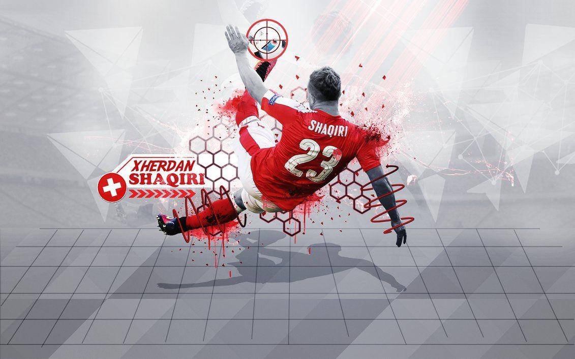 Xherdan Shaqiri 數位藝術作品 壁紙 — 足球員沙基利身穿紅色球衣在空中嘅動態數碼插圖，帶有動態效果同幾何背景。