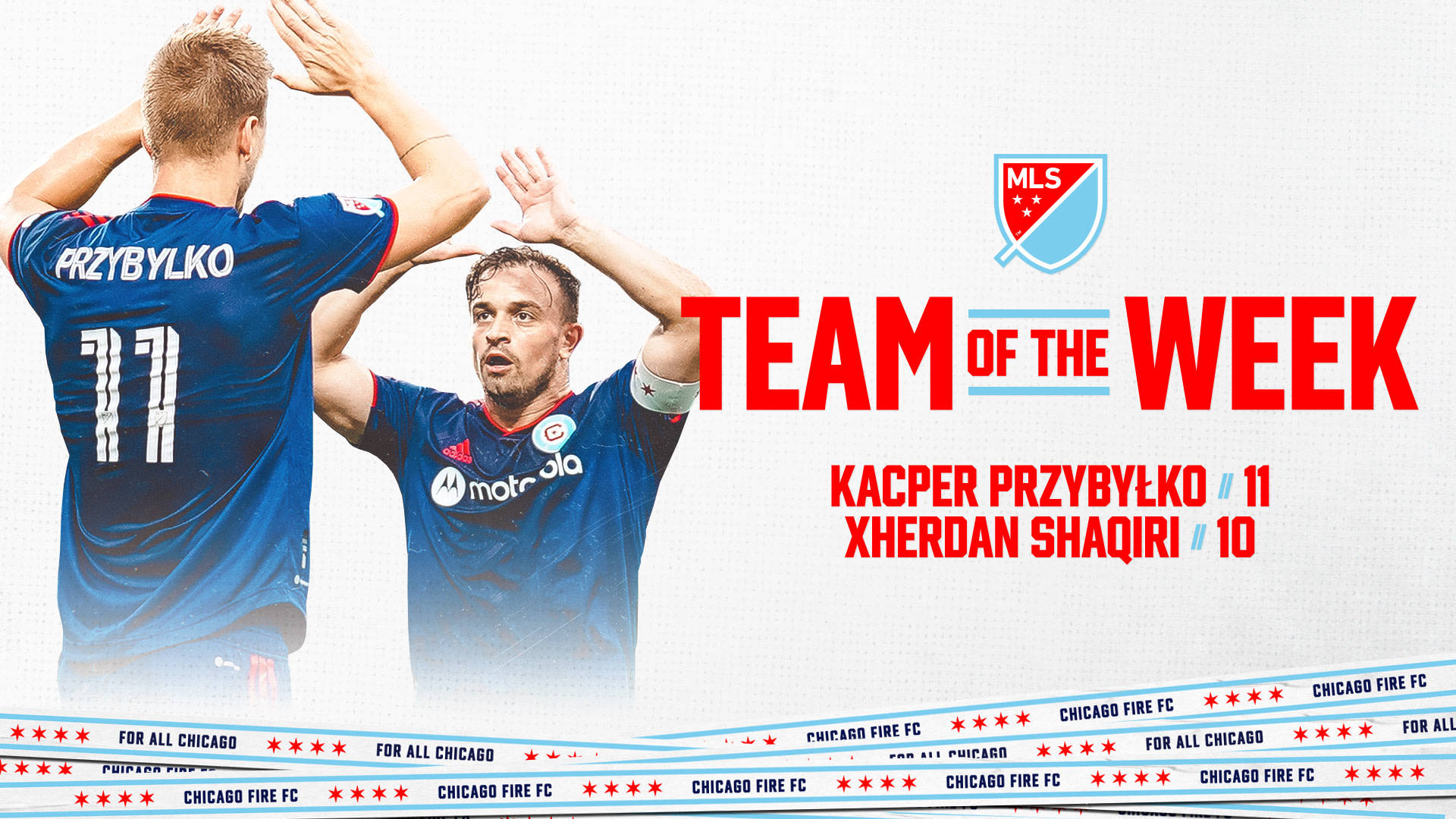 Xherdan Shaqiri 被選為芝加哥火車隊週最佳球隊 壁紙 — 兩名身穿藍色球衣的足球運動員在白色背景上高舉雙手慶祝，帶有「Team of the Week」文字和芝加哥火焰FC品牌標誌。