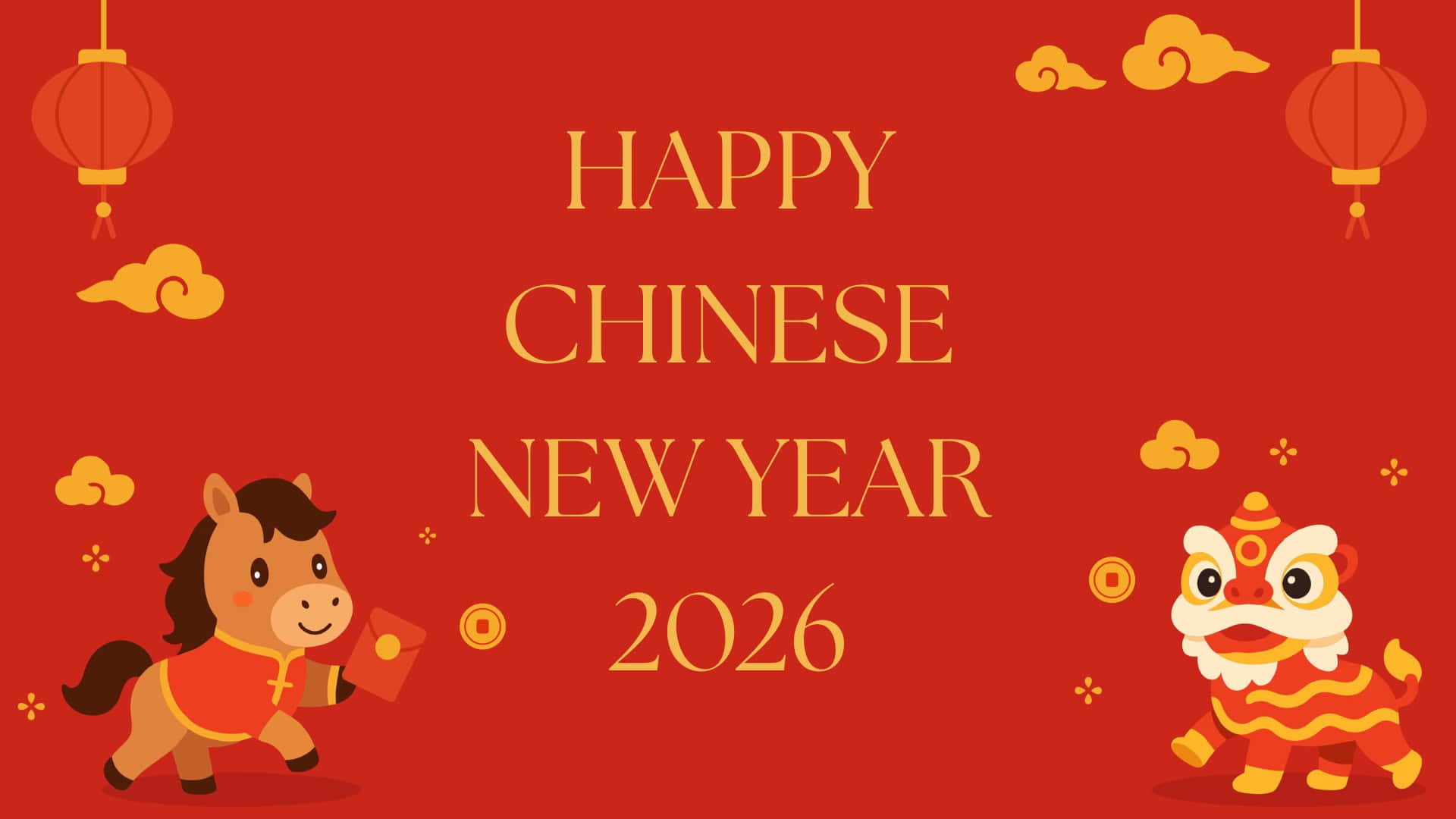  壁紙 — 喜慶的紅色背景上有一隻卡通馬和舞獅吉祥物，以金色燈籠和雲彩慶祝2026年農曆新年。