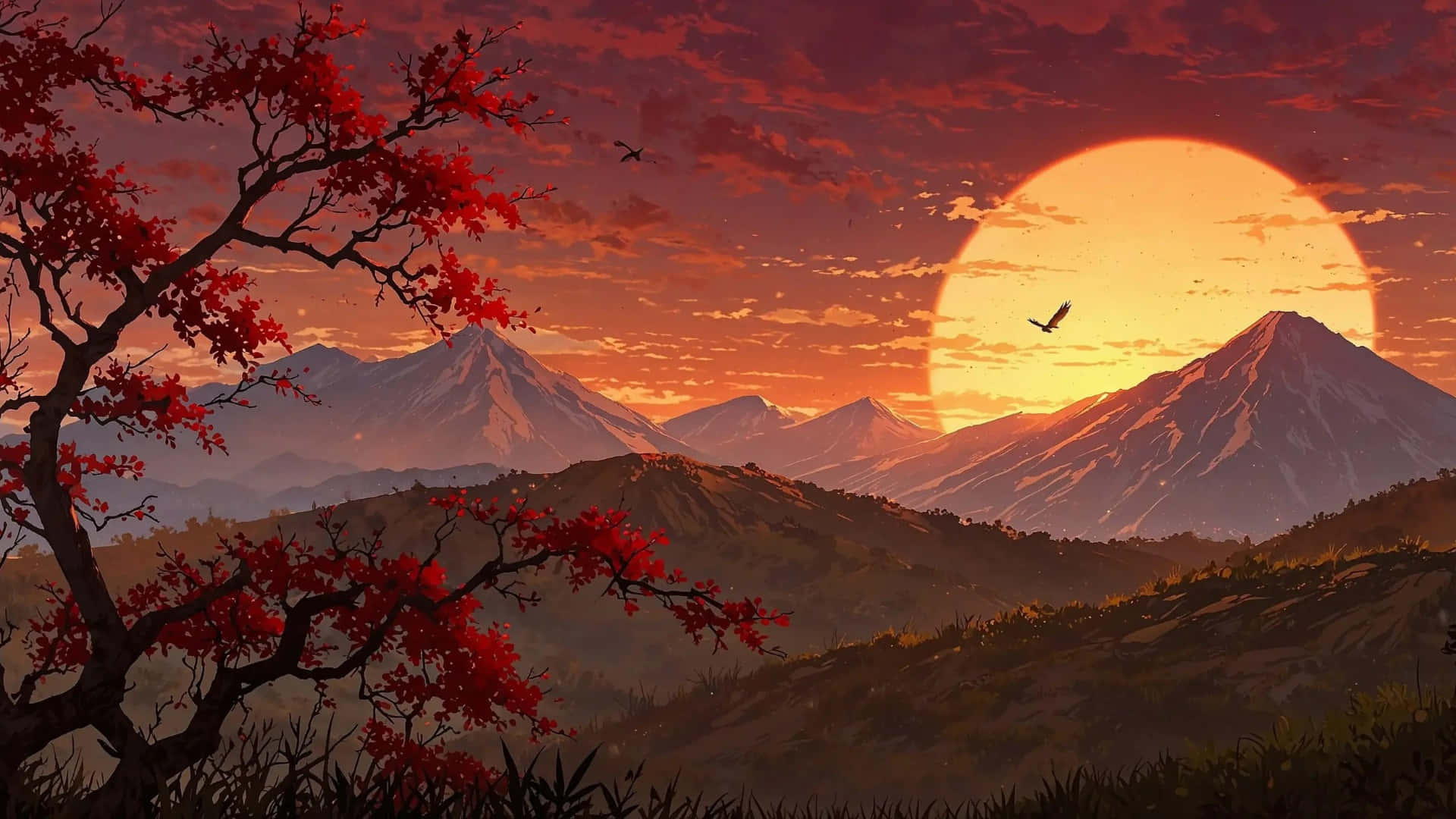  壁紙 — 夕陽燦爛，將積雪的山峰染成橙黃色，紅葉枝條與飛鳥構成前景框架。