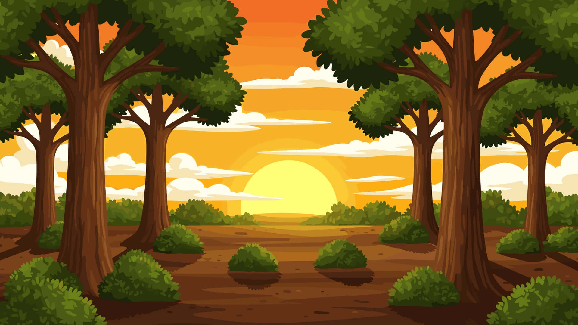  壁紙 — 夕陽溫暖地穿過一片高聳樹木的森林，樹冠茂密翠綠，地上散落著灌木叢。