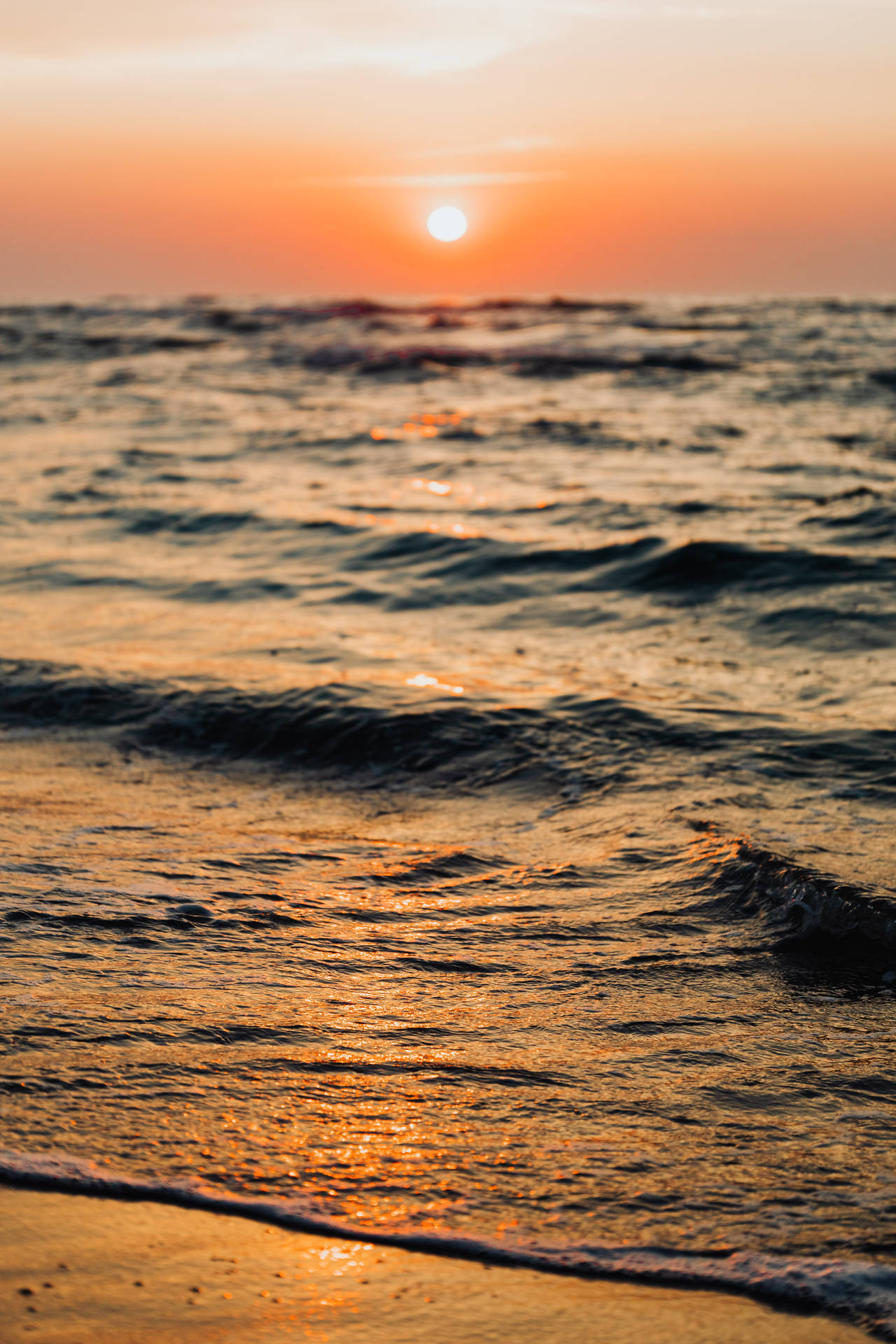 夕陽下的海洋，金色海浪拍打沙灘