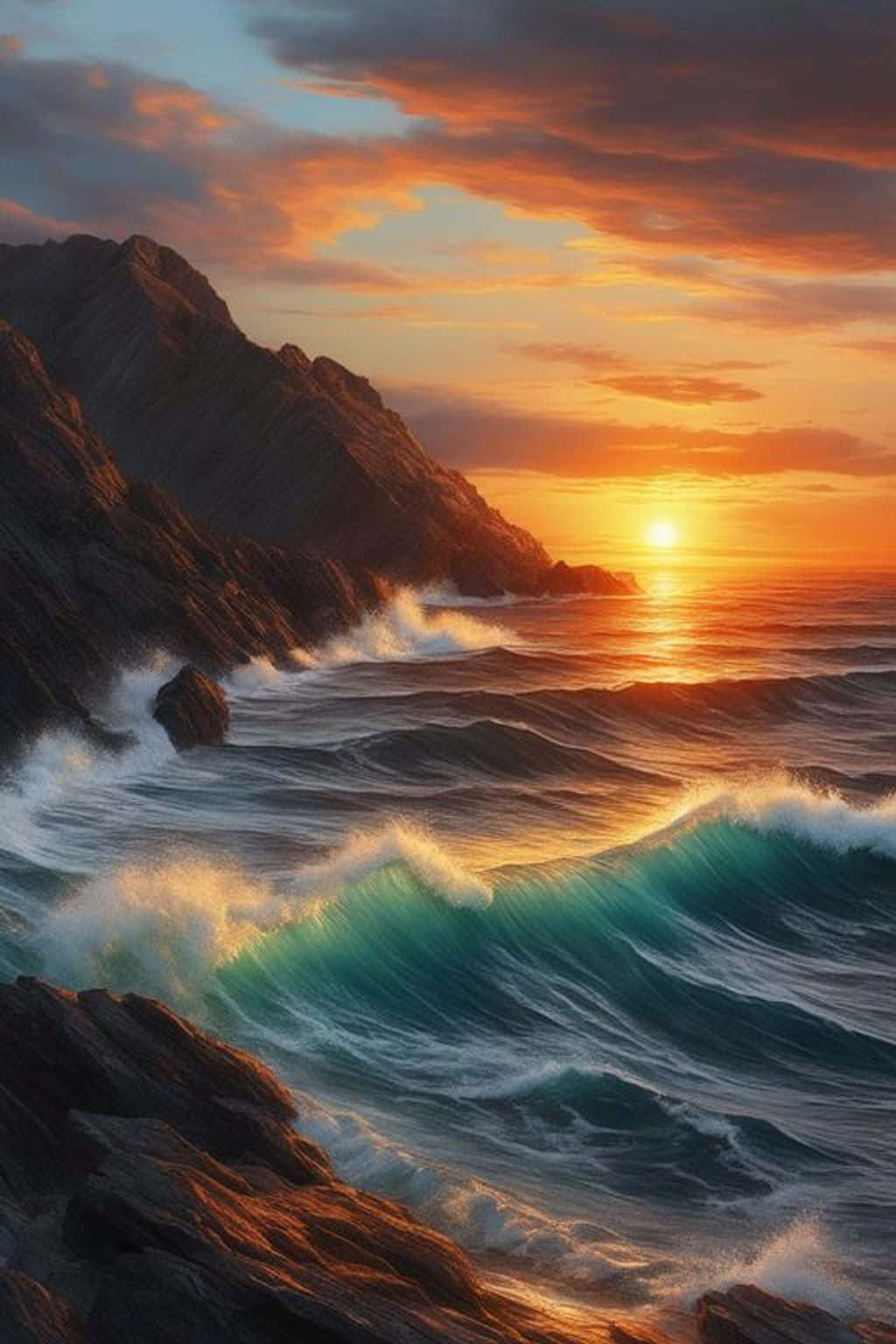  壁紙 — 夕陽將天空染成橙色，海浪拍打崎嶇懸崖，形成戲劇性的海岸場景。