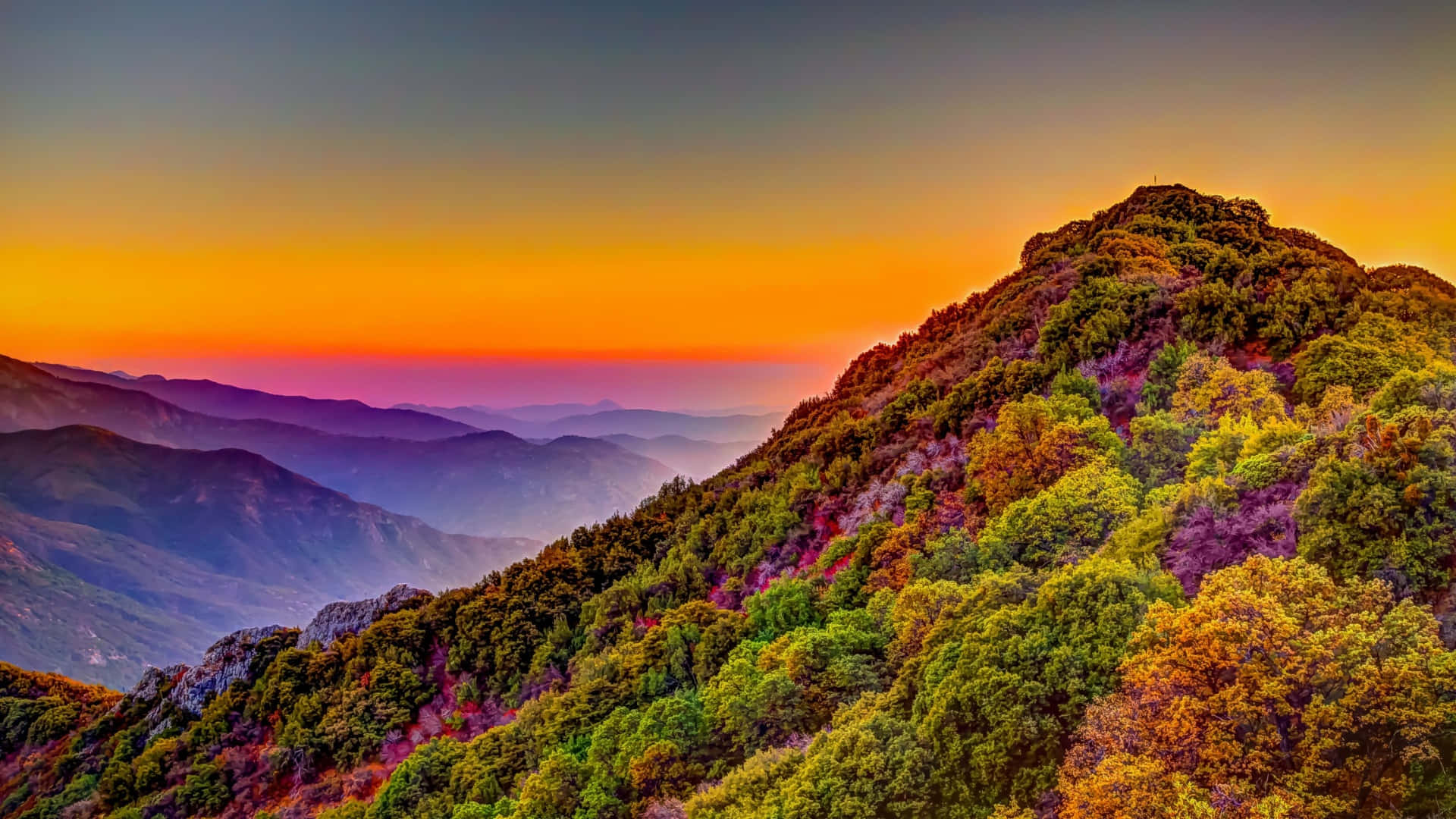  壁紙 — 夕陽西下，天空染上橙色和紫色，映照在層層疊疊的山脊上，山脊上覆蓋著茂密的綠色和秋色樹木。