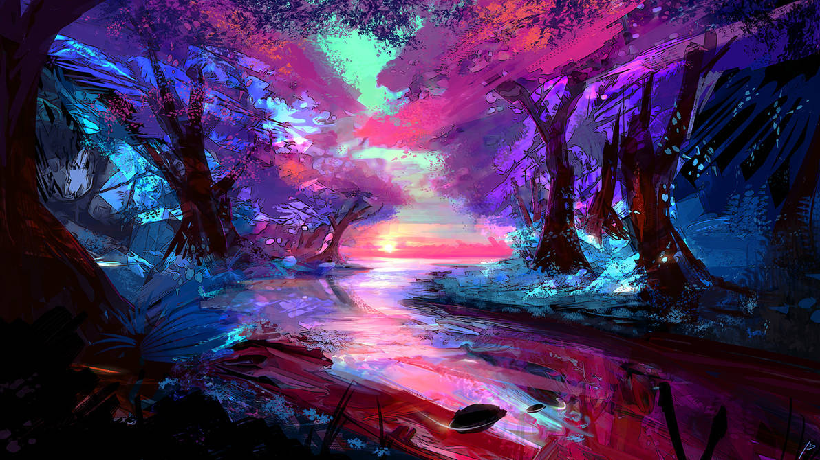夕陽下發光的森林小溪，霓虹粉紅和藍色樹木倒映在水中。
