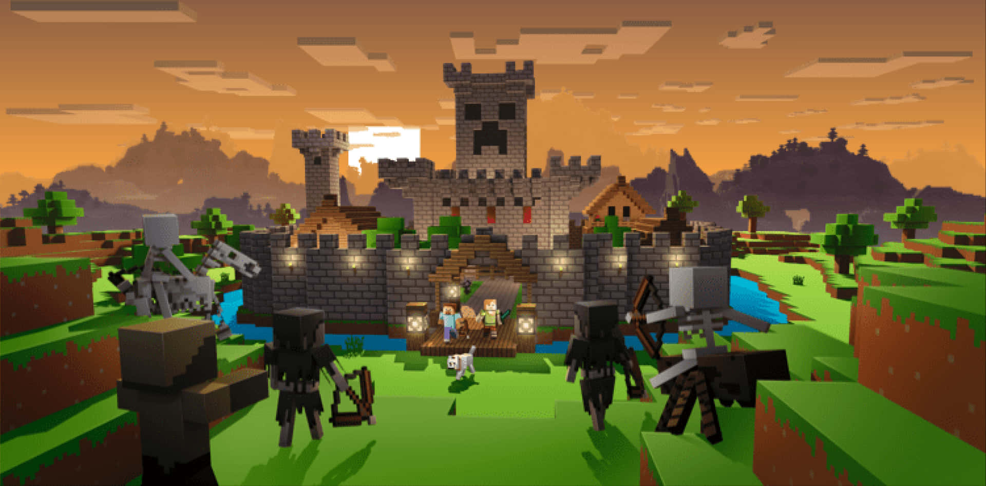 Minecraft城堡與角色圖 壁紙 — 夕陽下的Minecraft城堡，像素化的村民和骷髏在方塊景觀中。