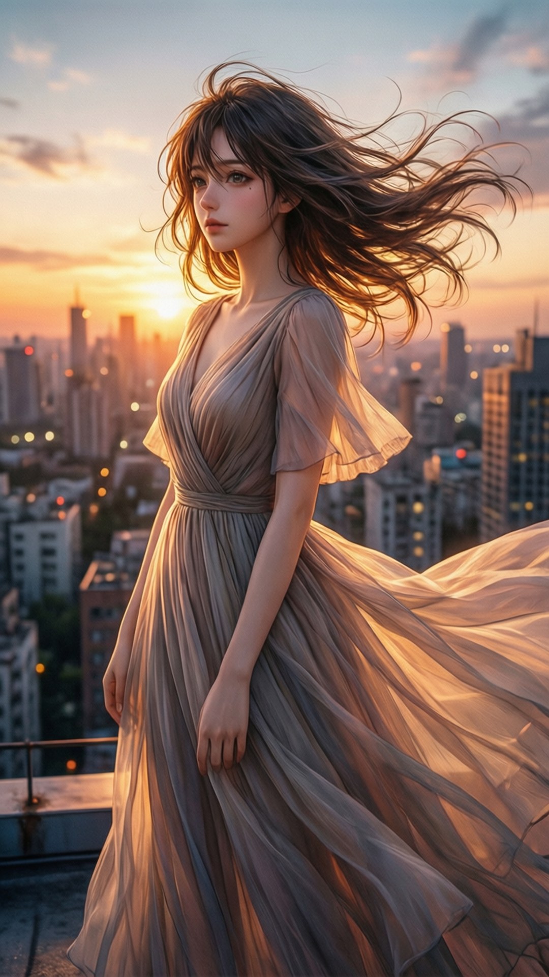 夕陽下身穿飄逸長裙的女性站在屋頂俯瞰城市