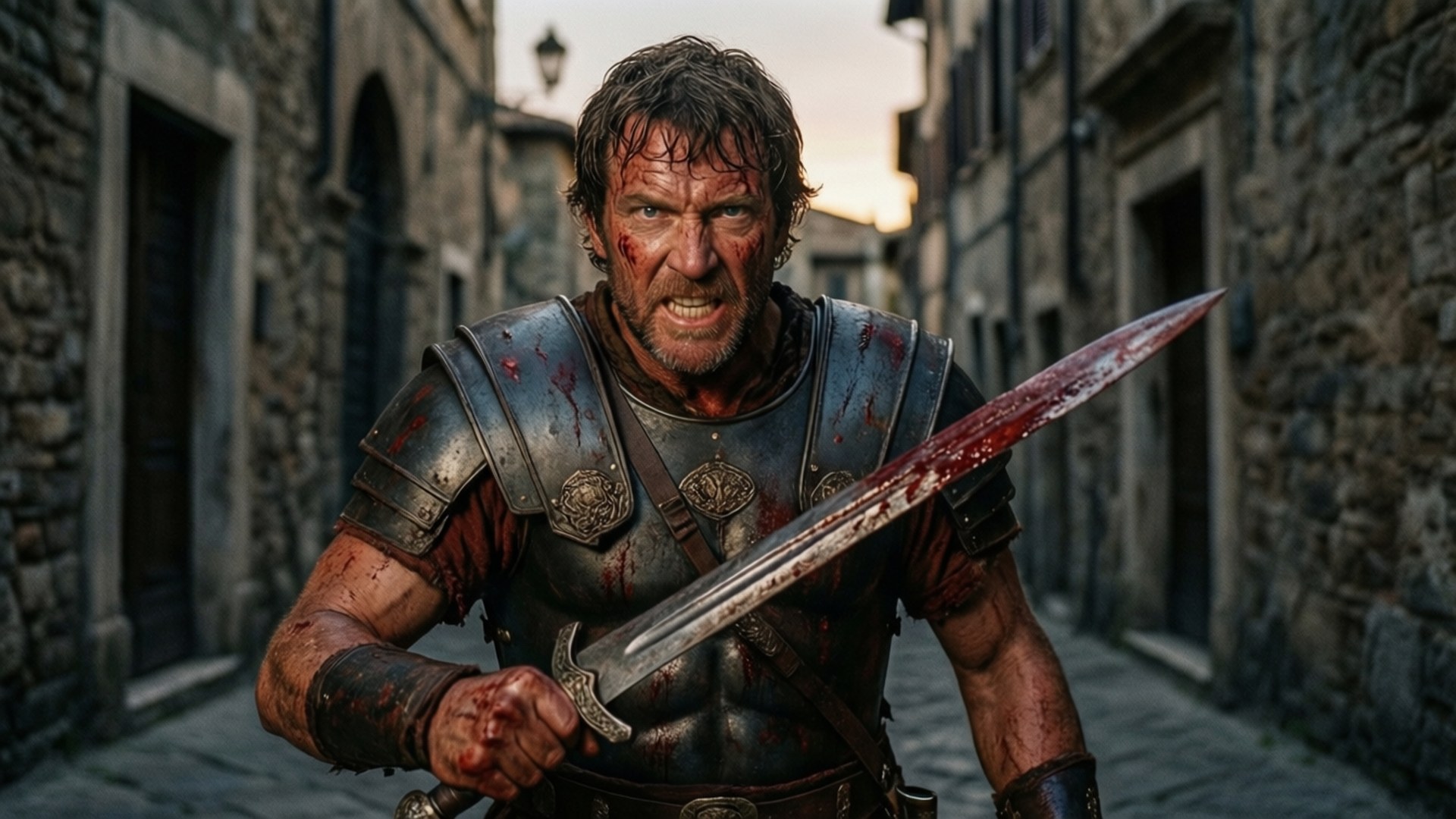 Ray Stevenson 桌布 壁紙 — 夕陽下，一條狹窄的石巷中，一名身披古代盔甲、渾身是血的戰士緊握著一把滴血的劍。