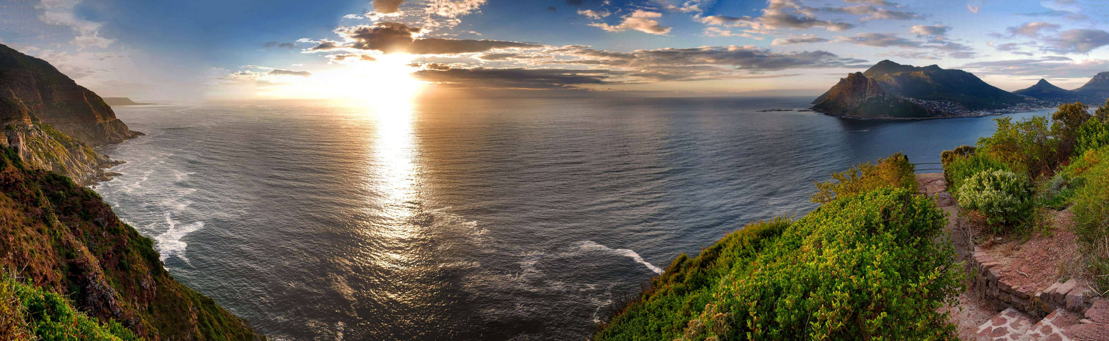 海洋上的夕陽，懸崖和綠植