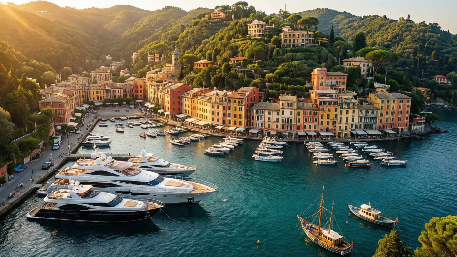 Portofino Golden Aerial 壁紙 — 夕陽照耀著一個充滿活力的沿海小鎮，擁有粉彩建築和停泊在碧綠海水中的豪華遊艇。