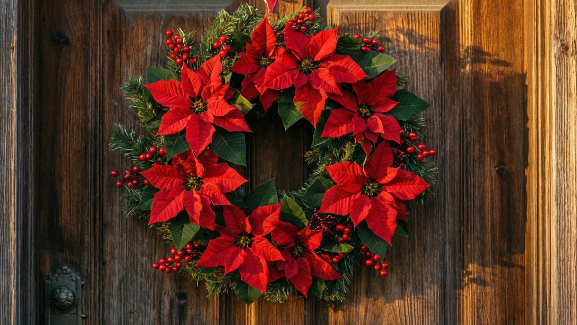 Poinsettia 桌布 壁紙 — 一個鮮紅色的聖誕紅花環，飾以綠葉和漿果，掛在沐浴在溫暖陽光下的質樸木門上。