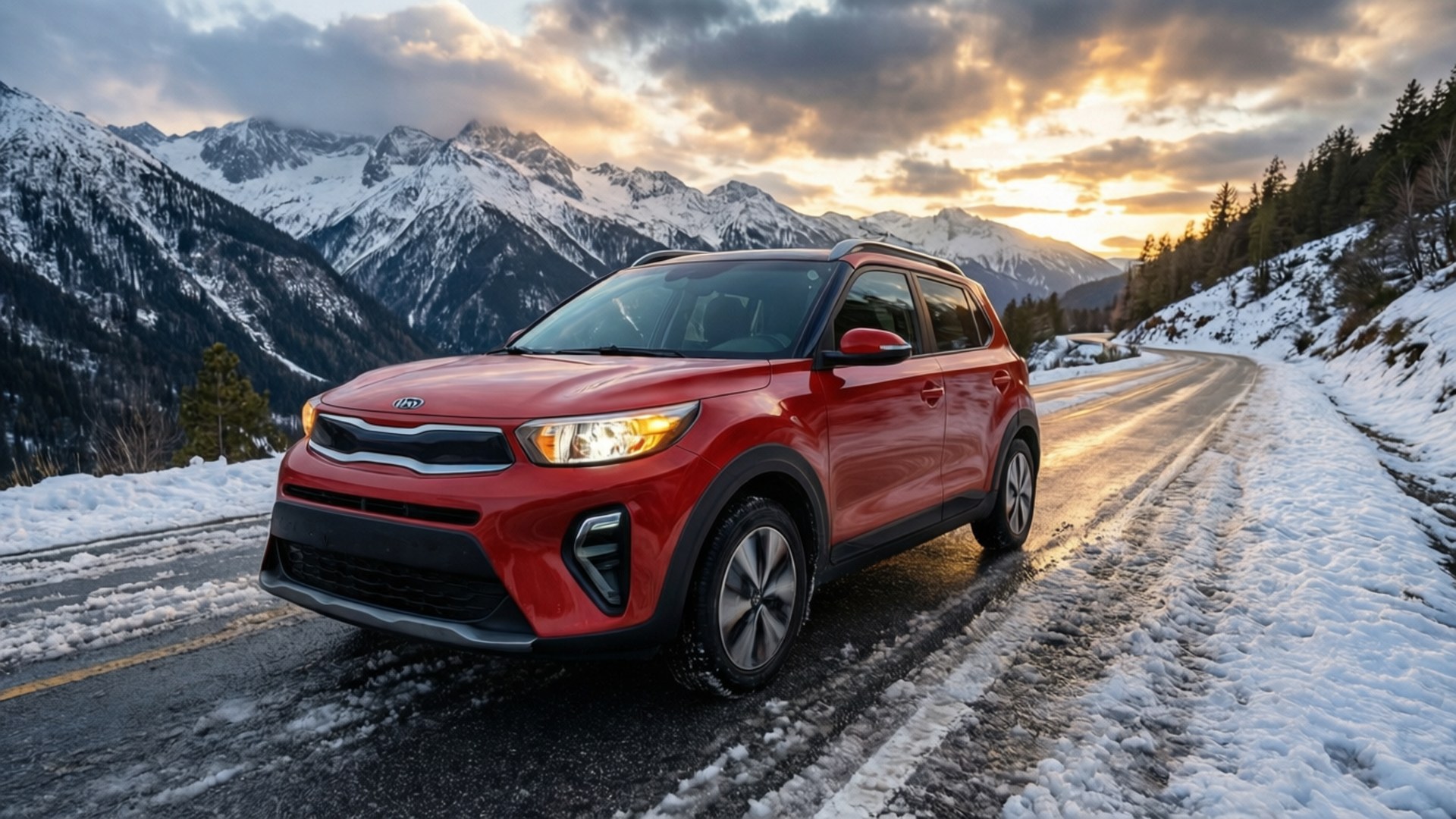 Kia Soul 桌布 壁紙 — 一輛鮮紅色的SUV在日落時分沿著積雪的山路行駛，背景是白雪覆蓋的山峰和戲劇性的雲層。