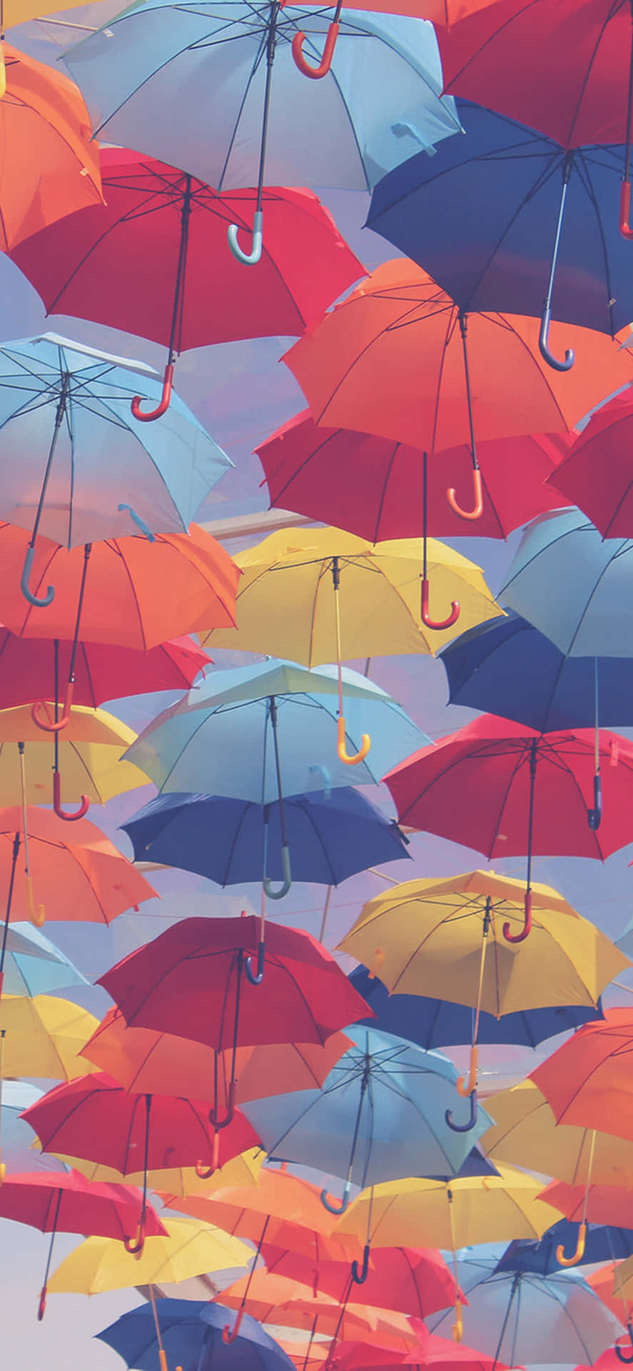  壁紙 — 鮮豔的紅、藍、黃色雨傘瀑布，在柔和粉彩天空下飄浮。