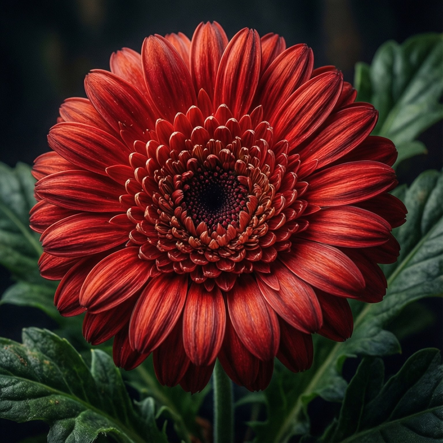 Ruby Red Detail 壁紙 — 一朵鮮豔的紅色非洲菊雛菊，花瓣層層疊疊，深色花心，在深綠色葉子中綻放。